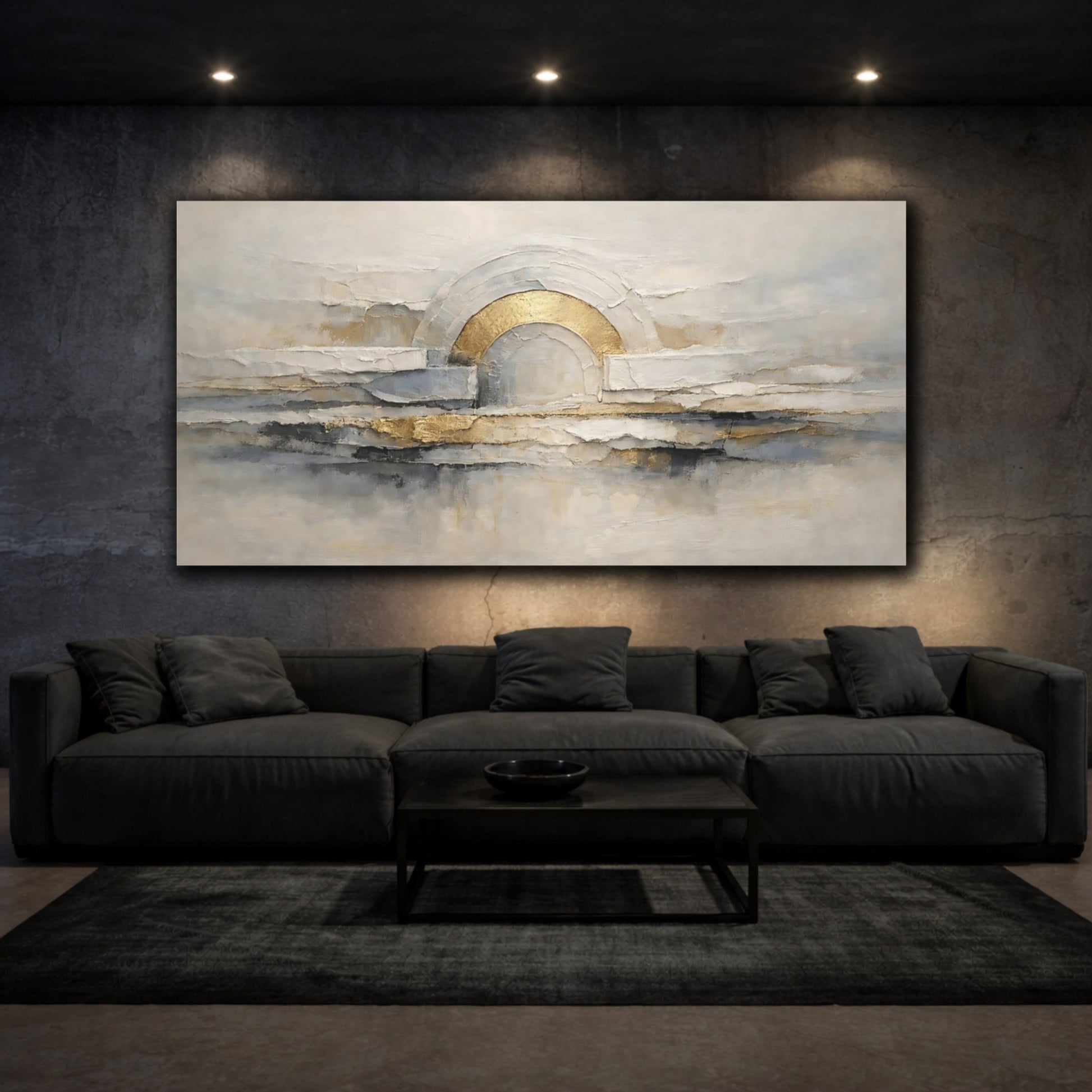 Mockup 2. Abstract Abstract Arch Gold Gray Abstract shown as stretched canvas wall art