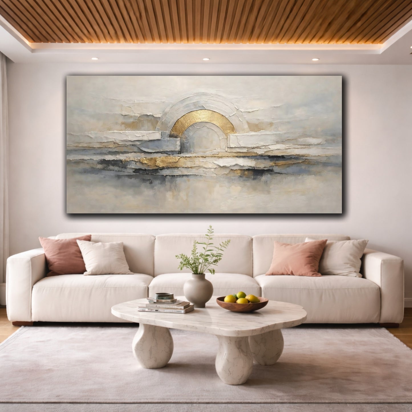 Mockup 3. Abstract Abstract Arch Gold Gray Abstract shown as stretched canvas wall art