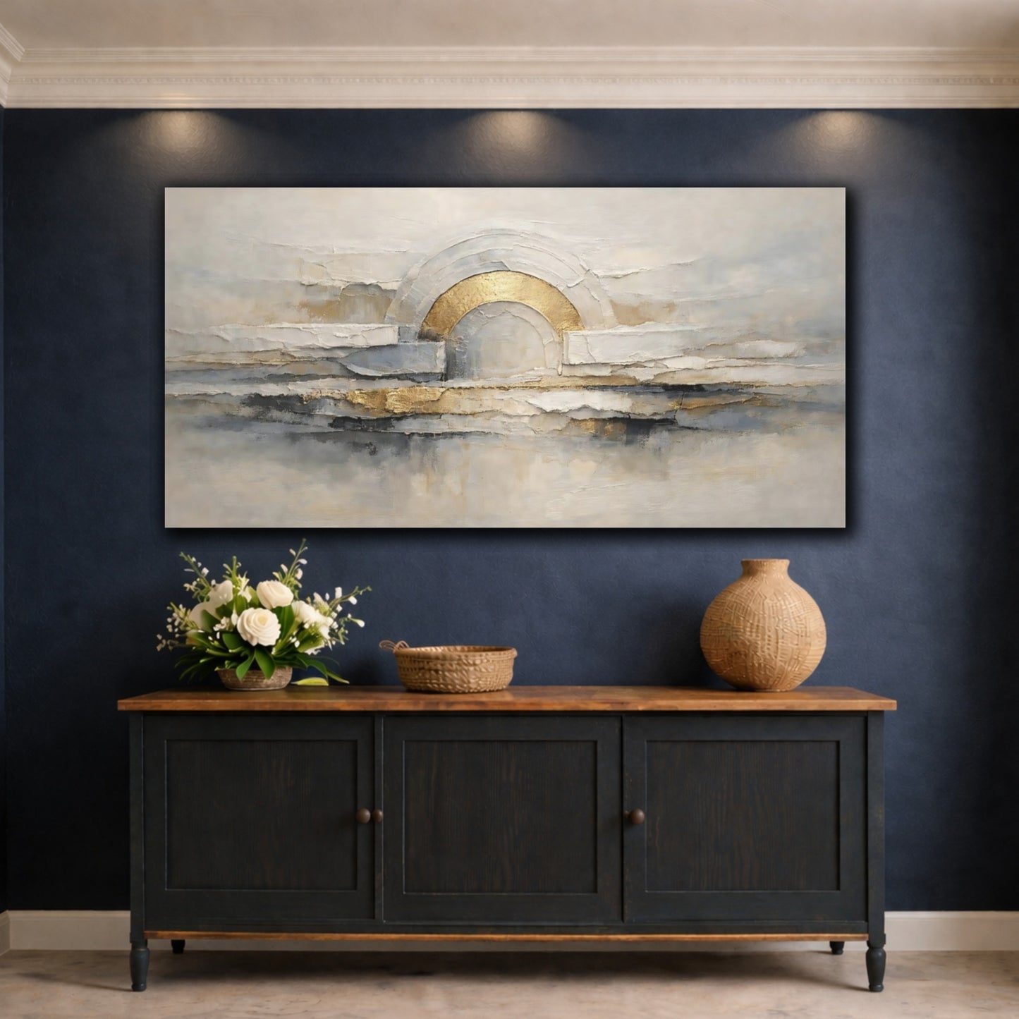 Mockup 4. Abstract Abstract Arch Gold Gray Abstract shown as stretched canvas wall art