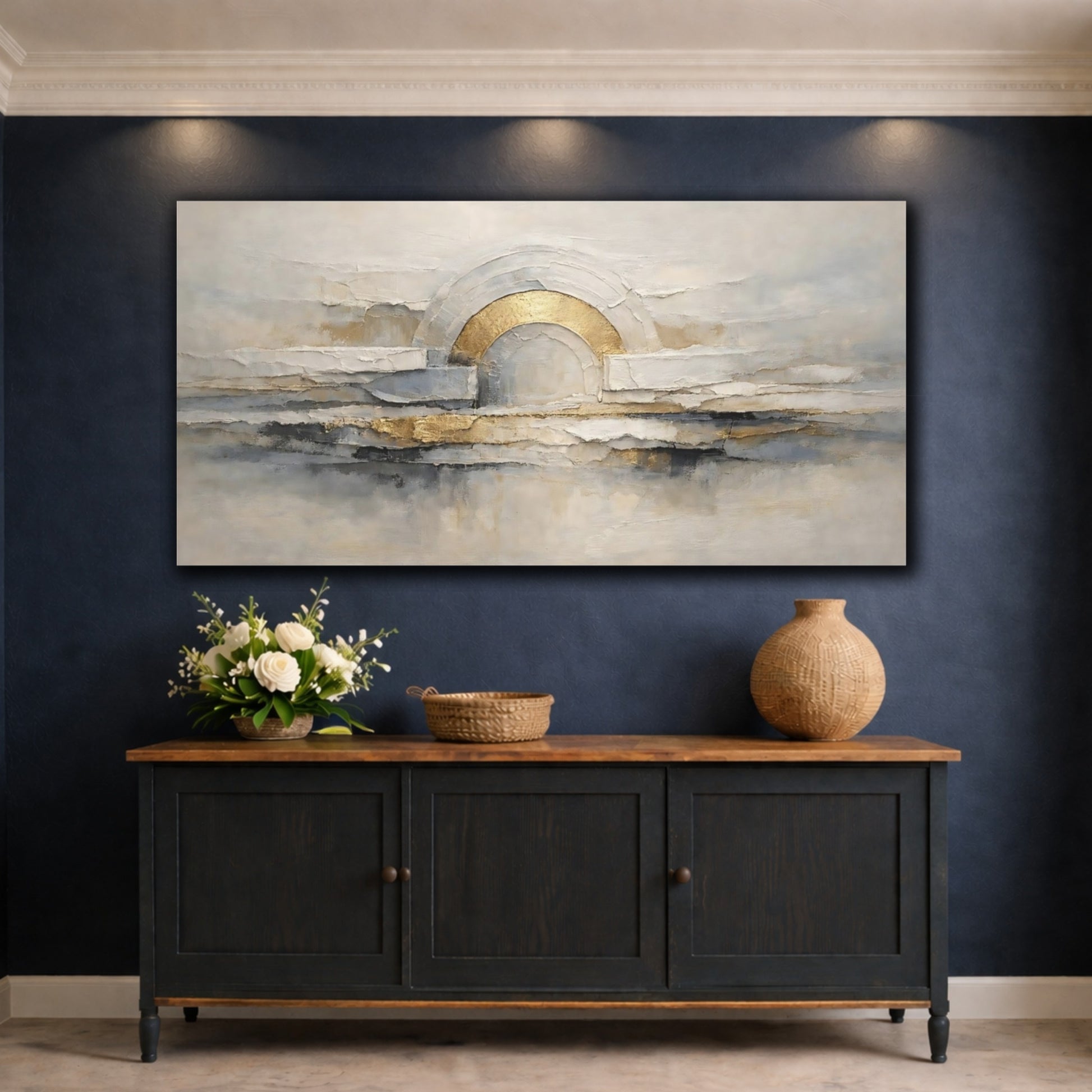 Mockup 4. Abstract Abstract Arch Gold Gray Abstract shown as stretched canvas wall art