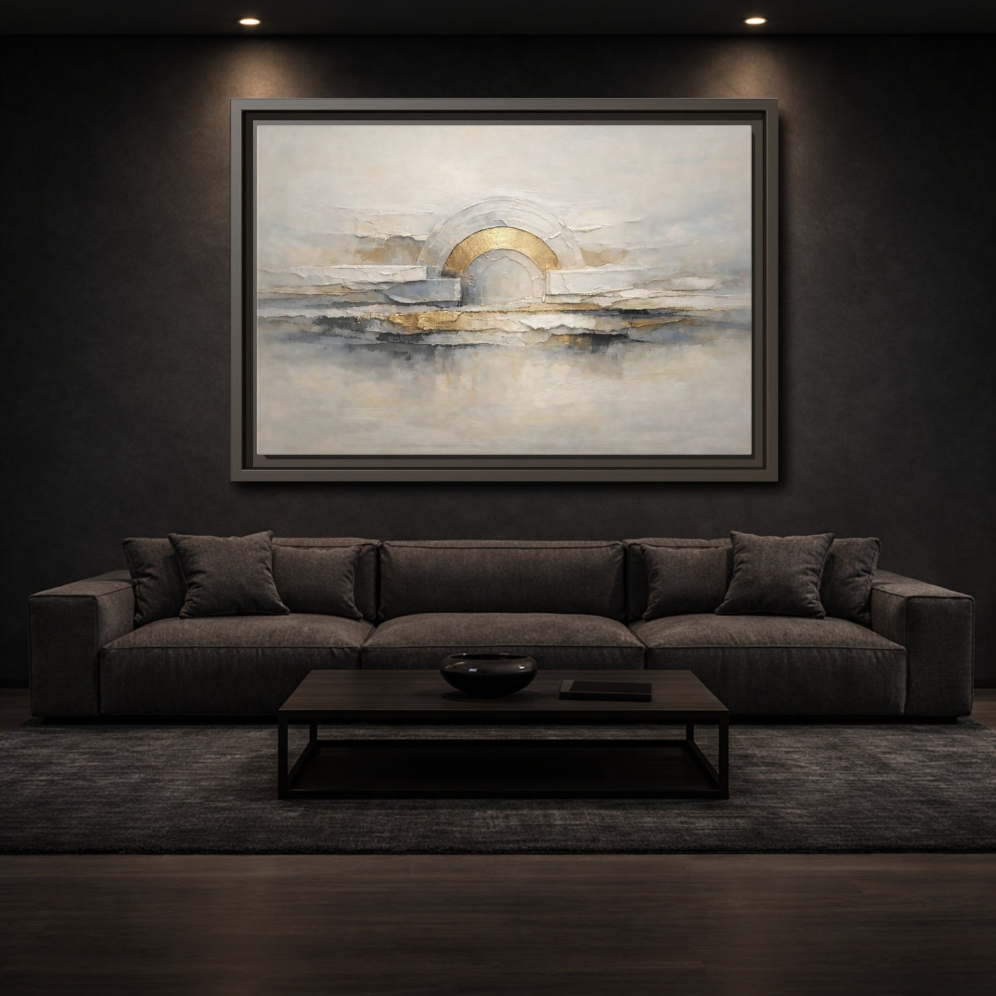 Mockup 2. Abstract Abstract Arch Grey And Gold Textured shown as stretched canvas wall art
