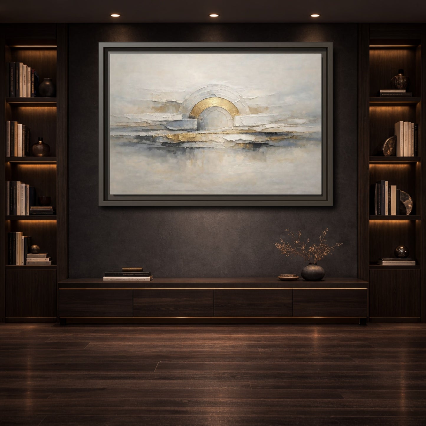 Mockup 3. Abstract Abstract Arch Grey And Gold Textured shown as stretched canvas wall art
