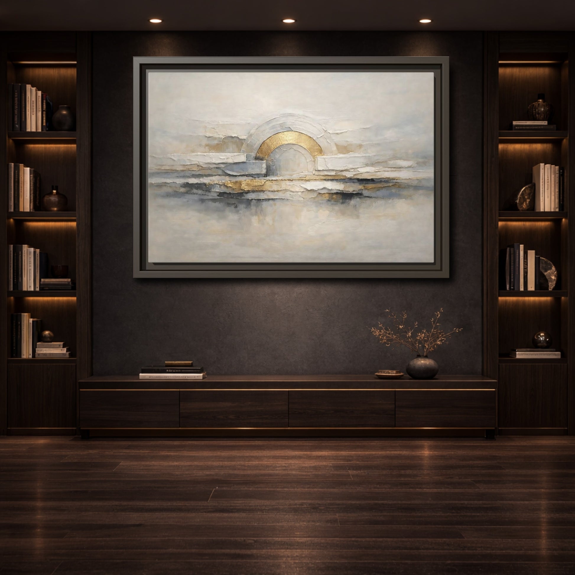 Mockup 3. Abstract Abstract Arch Grey And Gold Textured shown as stretched canvas wall art
