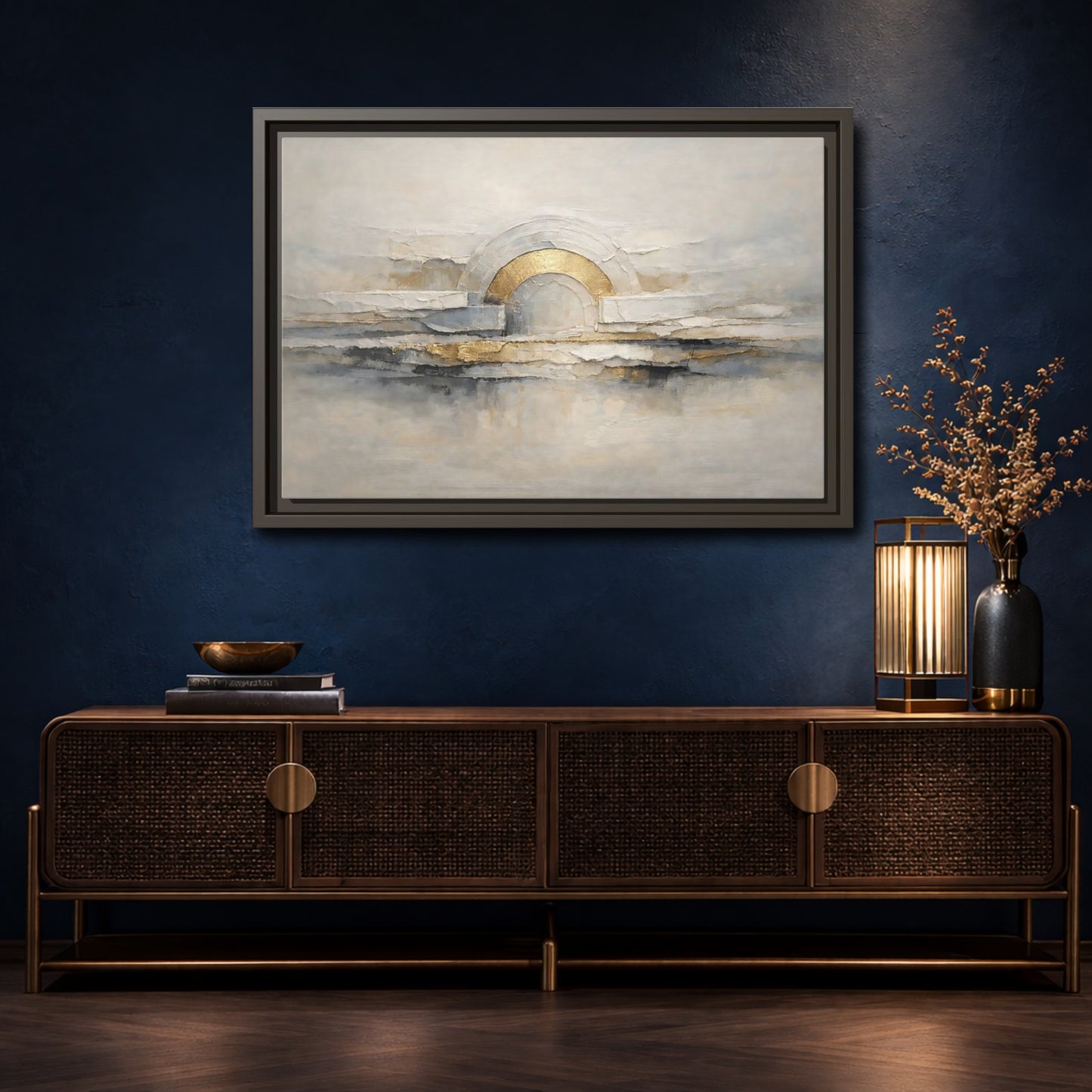 Mockup 4. Abstract Abstract Arch Grey And Gold Textured shown as stretched canvas wall art
