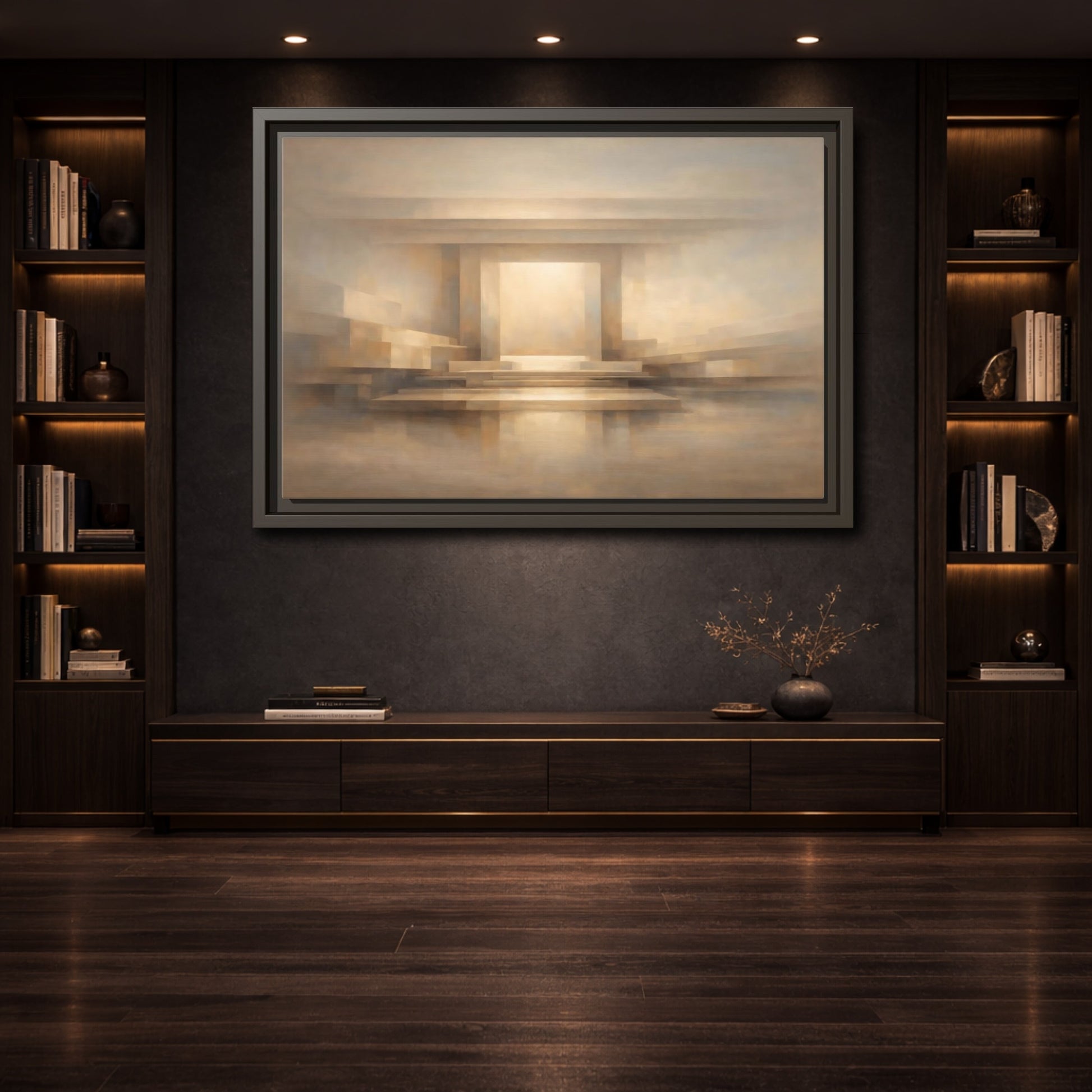 Mockup 3. Abstract Abstract Architecture Beige And Brown shown as stretched canvas wall art