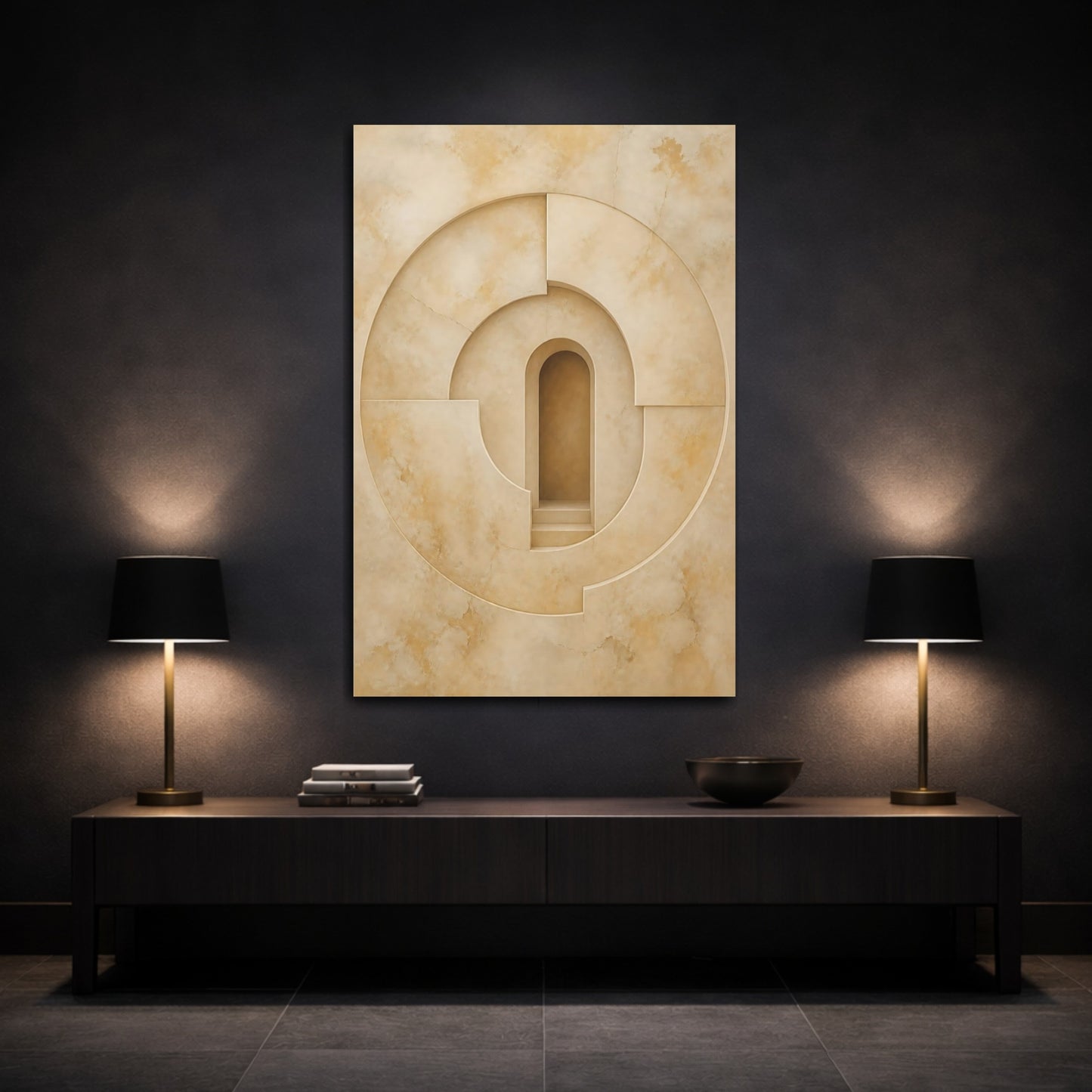 Mockup 3. Abstract Abstract Archway Beige Geometry shown as stretched canvas wall art