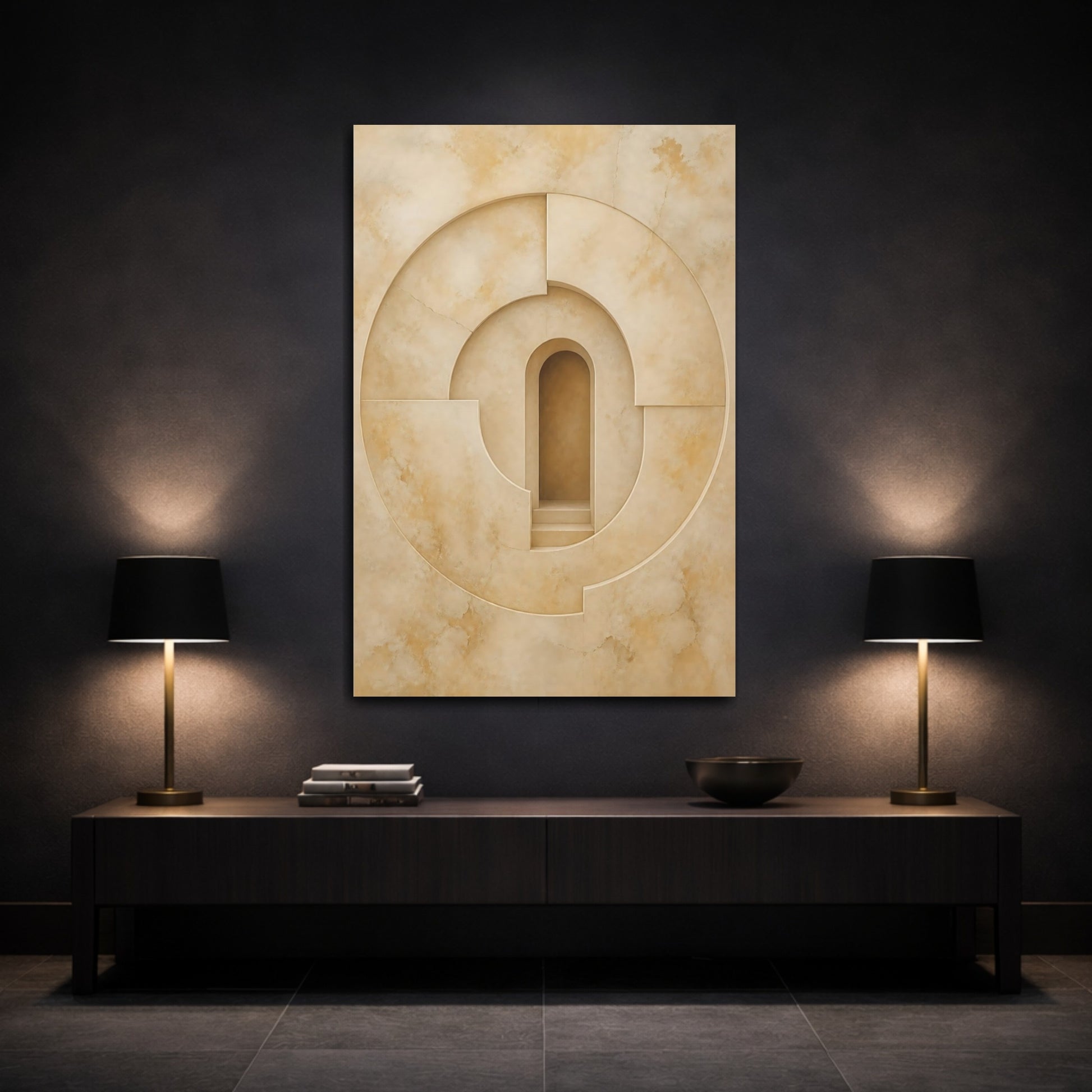 Mockup 3. Abstract Abstract Archway Beige Geometry shown as stretched canvas wall art