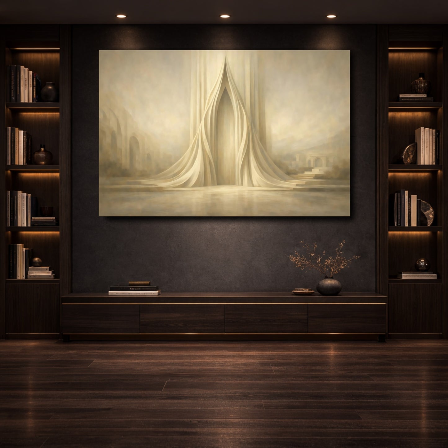 Mockup 3. Abstract Abstract Archway Beige Tones shown as stretched canvas wall art