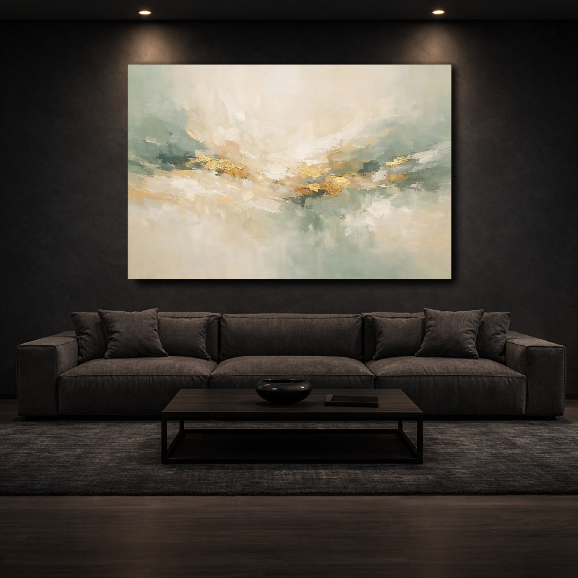 Mockup 2. Abstract Abstract Art Abstract Gold Sage shown as stretched canvas wall art