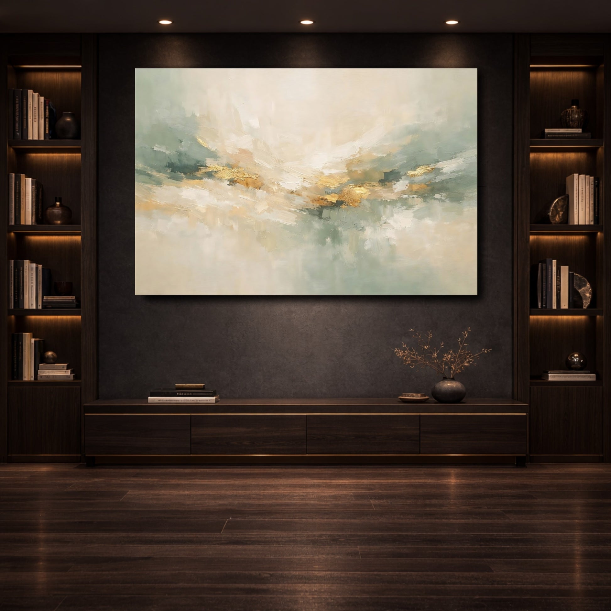 Mockup 3. Abstract Abstract Art Abstract Gold Sage shown as stretched canvas wall art