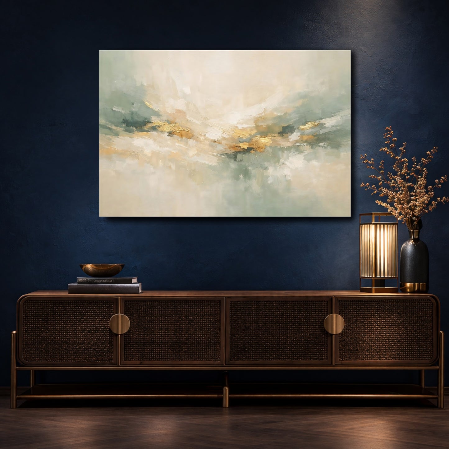 Mockup 4. Abstract Abstract Art Abstract Gold Sage shown as stretched canvas wall art