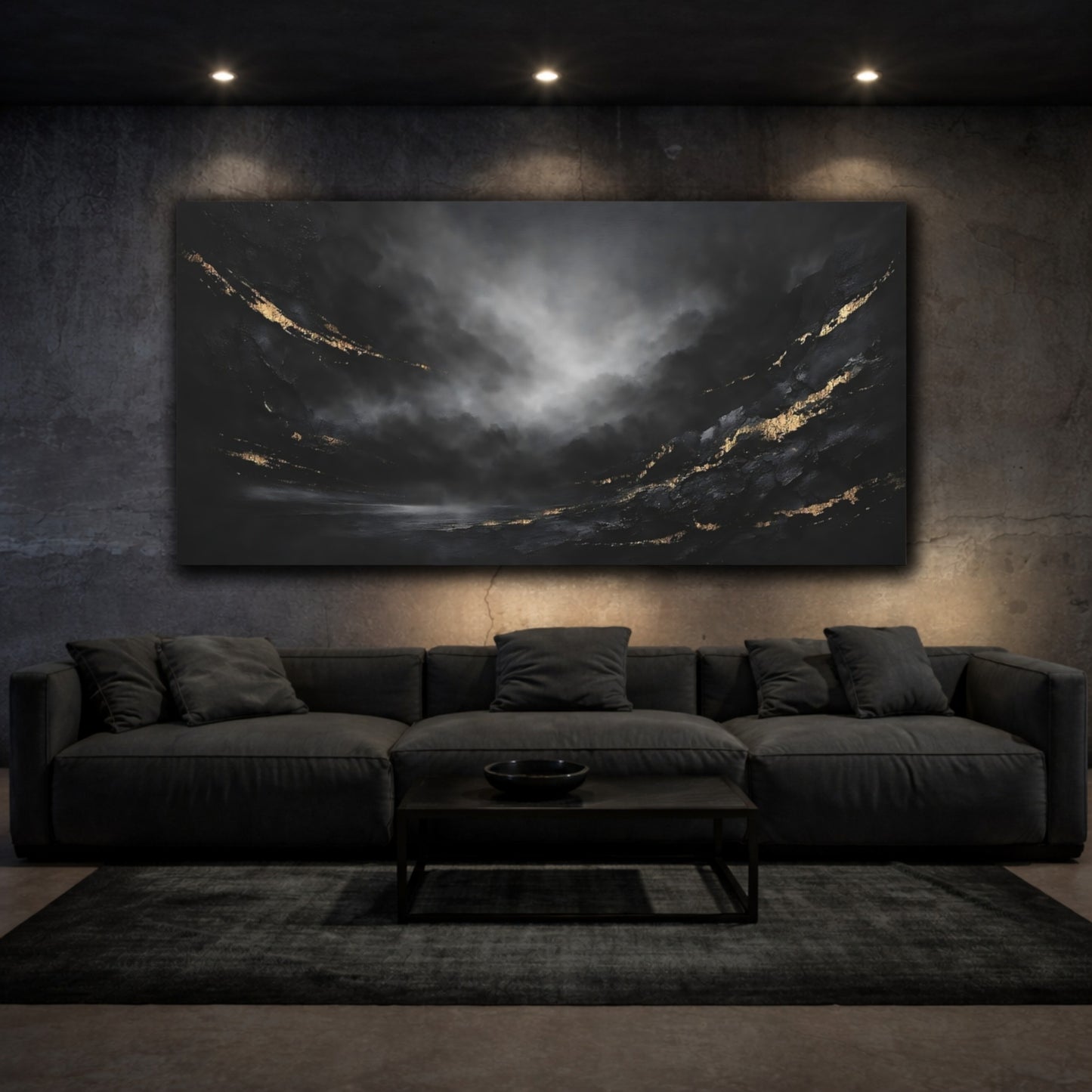 Mockup 2. Abstract Abstract Art Black And Gold shown as stretched canvas wall art