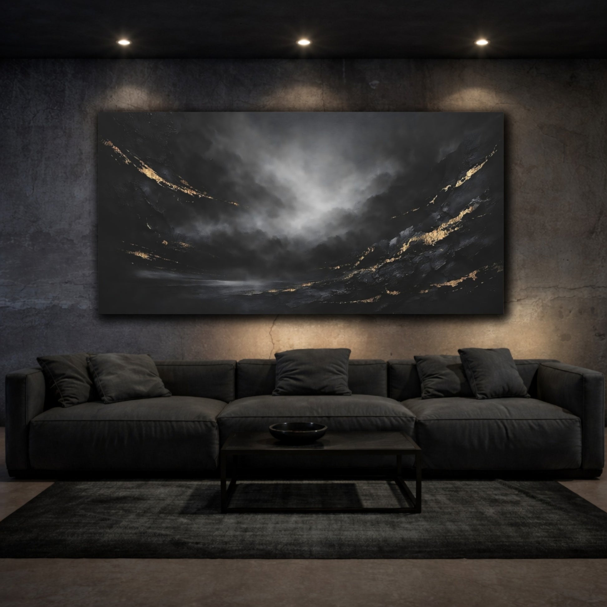 Mockup 2. Abstract Abstract Art Black And Gold shown as stretched canvas wall art