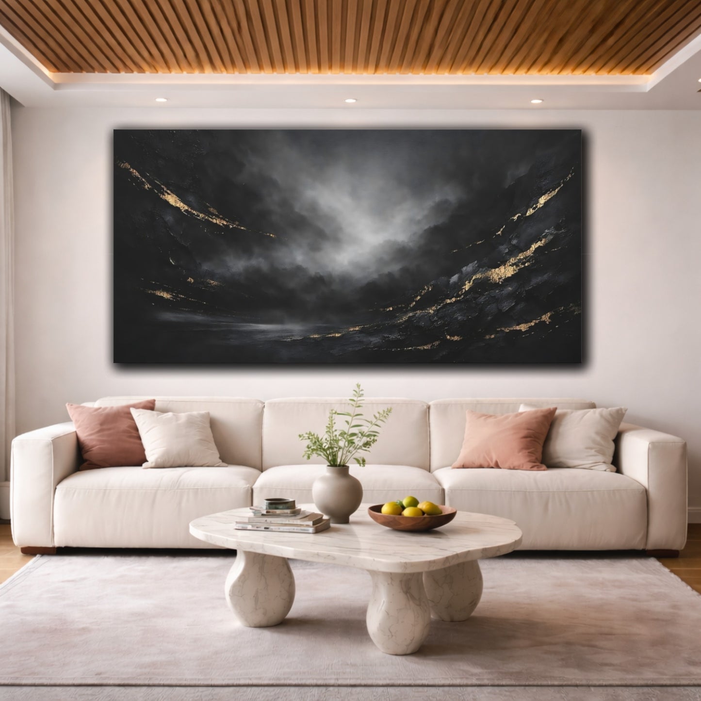 Mockup 3. Abstract Abstract Art Black And Gold shown as stretched canvas wall art