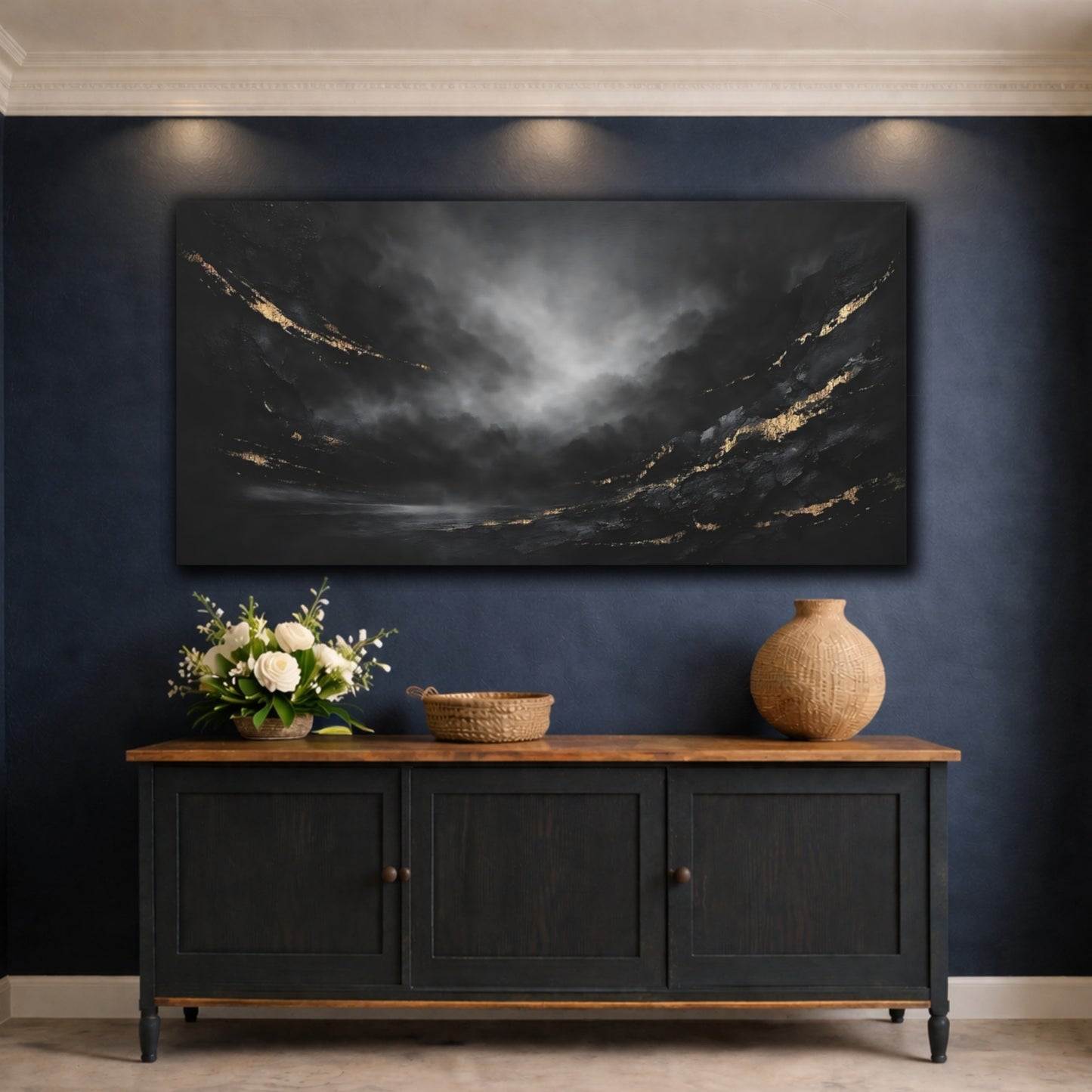 Mockup 4. Abstract Abstract Art Black And Gold shown as stretched canvas wall art