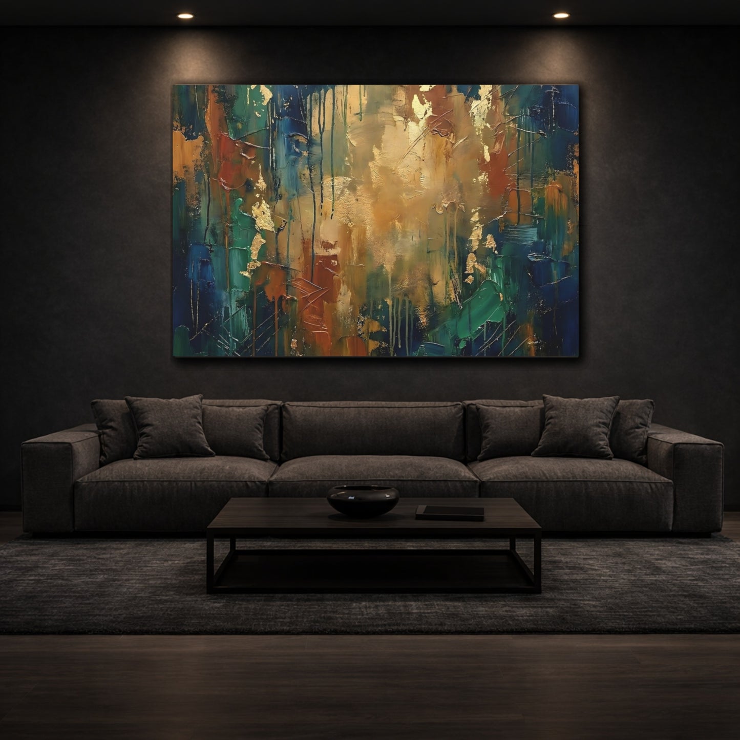 Abstract Abstract Art Blue Green Gold shown as front canvas room wall art