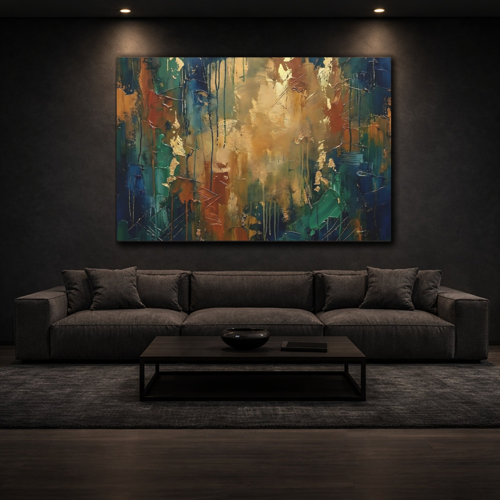 Abstract Abstract Art Blue Green Gold shown as front canvas room wall art