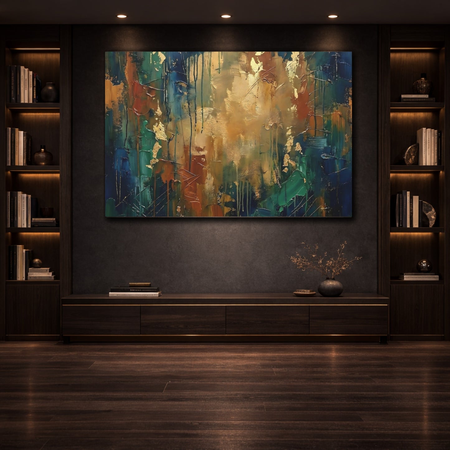 Abstract Abstract Art Blue Green Gold shown as front canvas room wall art