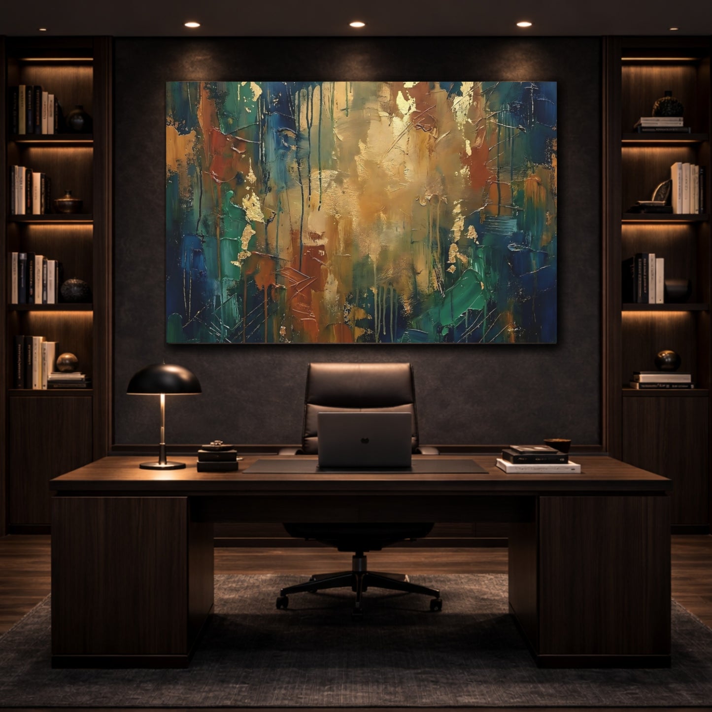 Abstract Abstract Art Blue Green Gold shown as front canvas room wall art