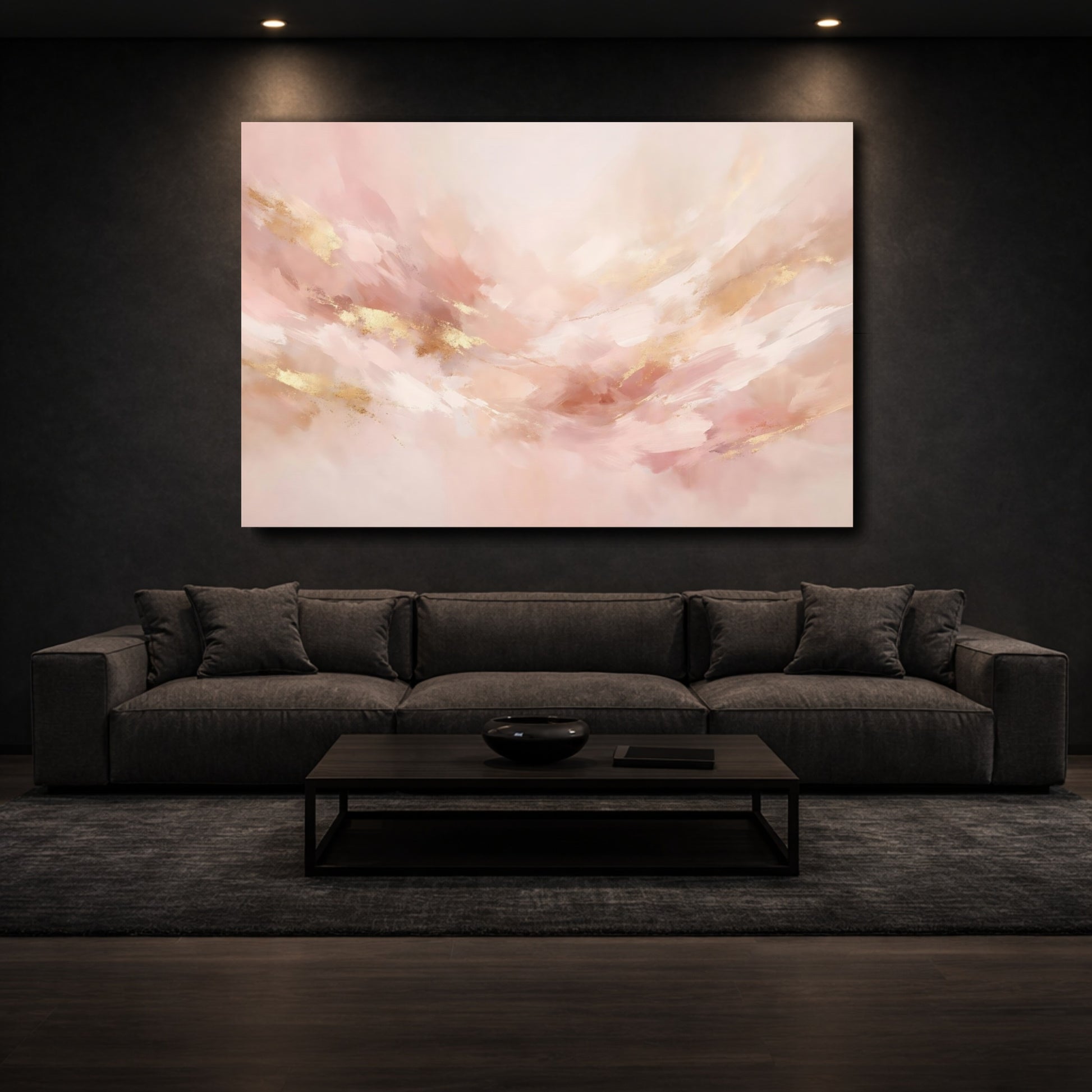 Mockup 2. Abstract Abstract Art Blush Gold Abstract shown as stretched canvas wall art