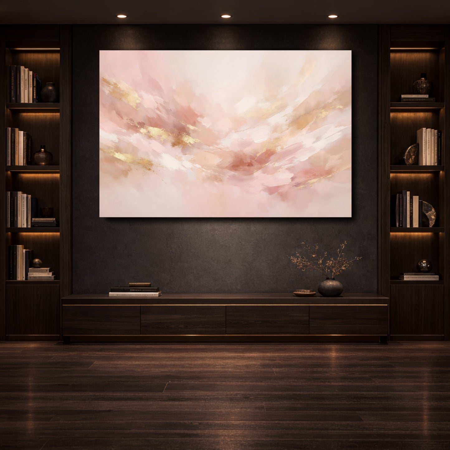 Mockup 3. Abstract Abstract Art Blush Gold Abstract shown as stretched canvas wall art