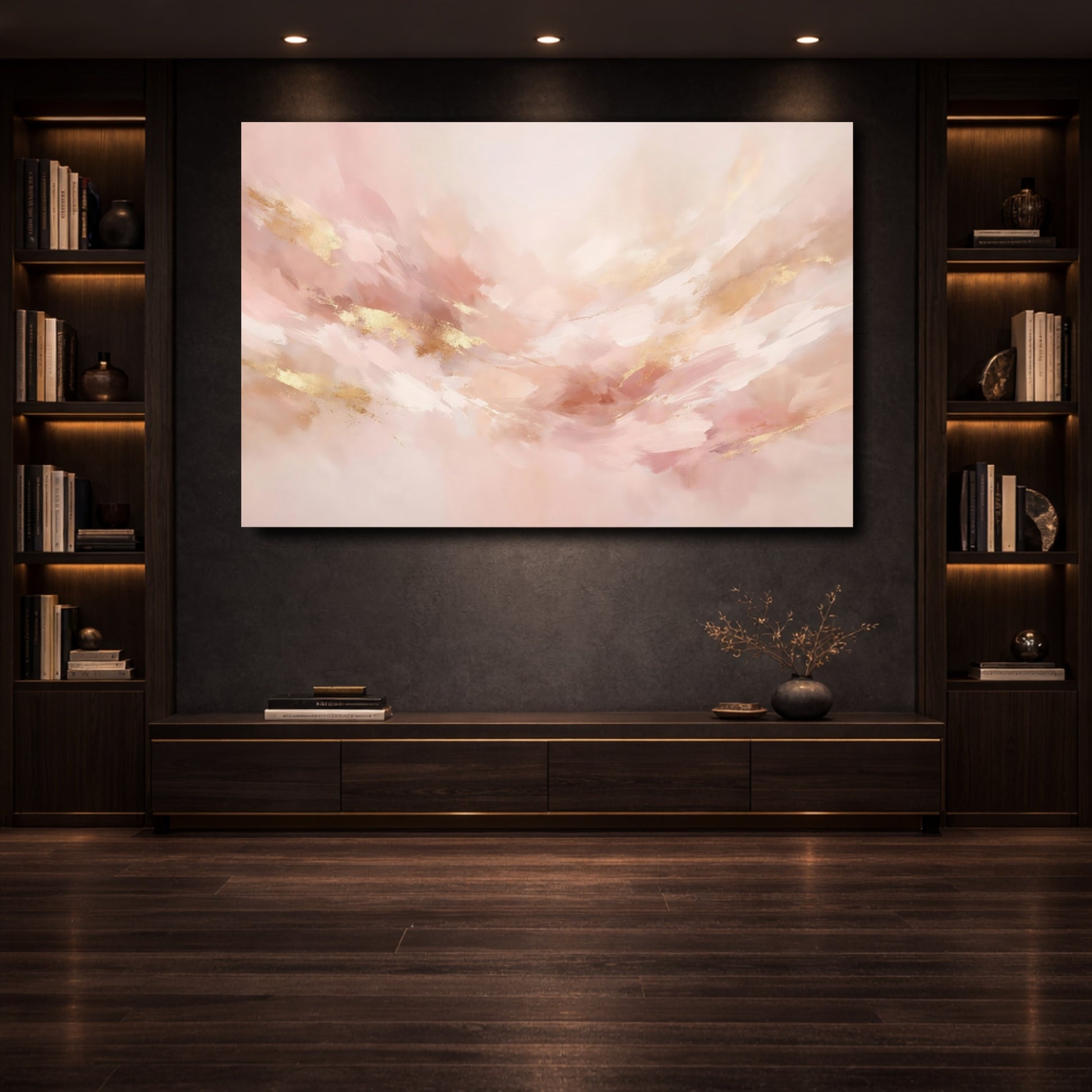 Mockup 3. Abstract Abstract Art Blush Gold Abstract shown as stretched canvas wall art