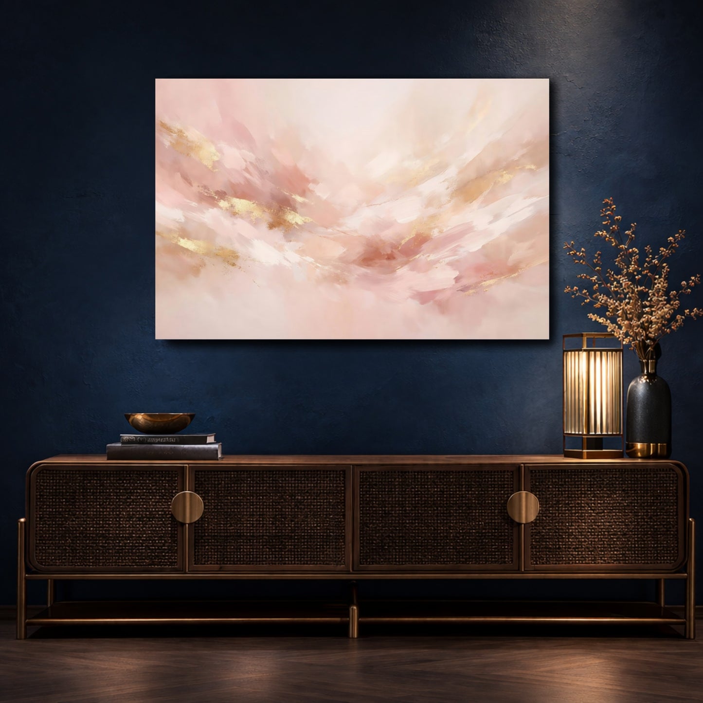Mockup 4. Abstract Abstract Art Blush Gold Abstract shown as stretched canvas wall art