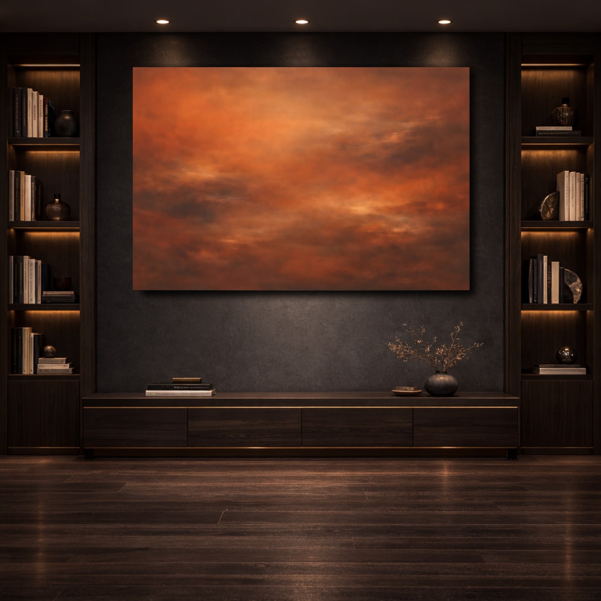 Mockup 3. Abstract Abstract Blend Orange Brown shown as stretched canvas wall art