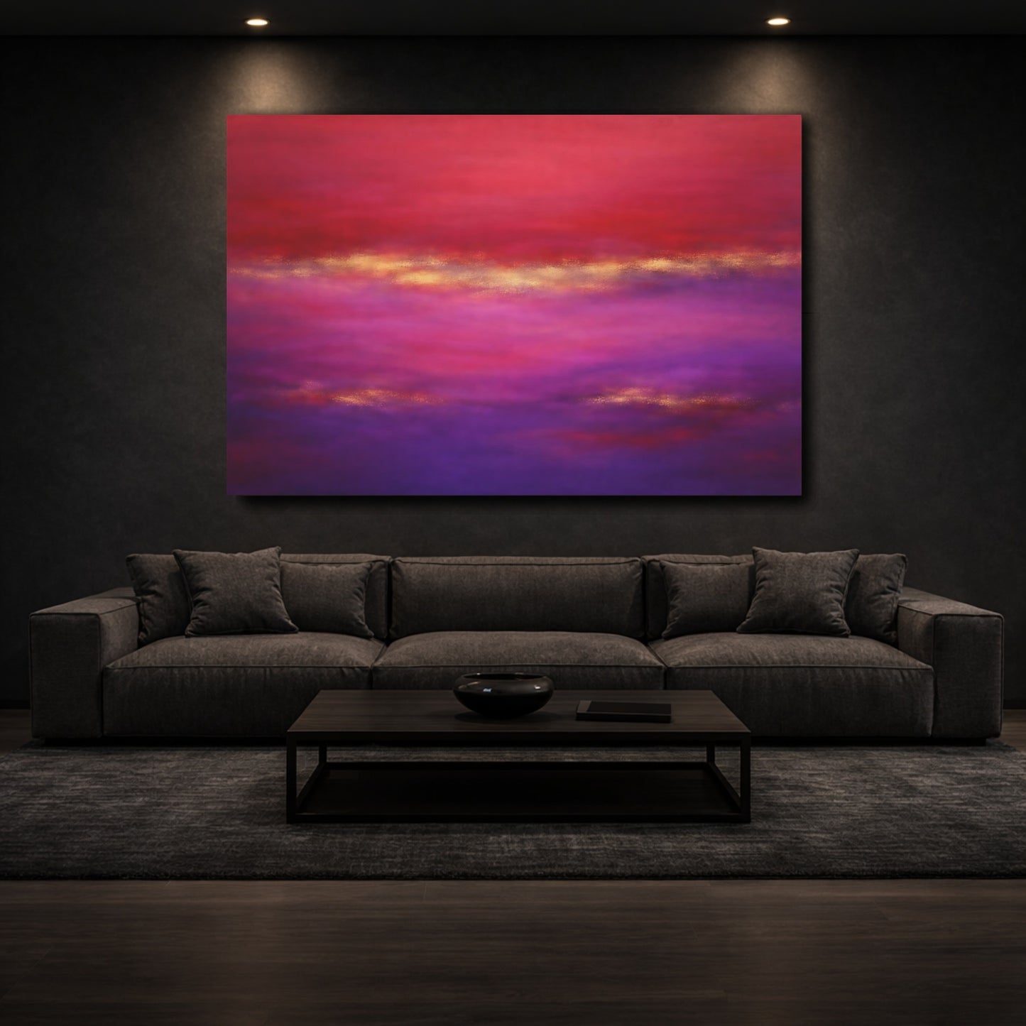 Mockup 2. Abstract Abstract Blend Red Purple Gold shown as stretched canvas wall art