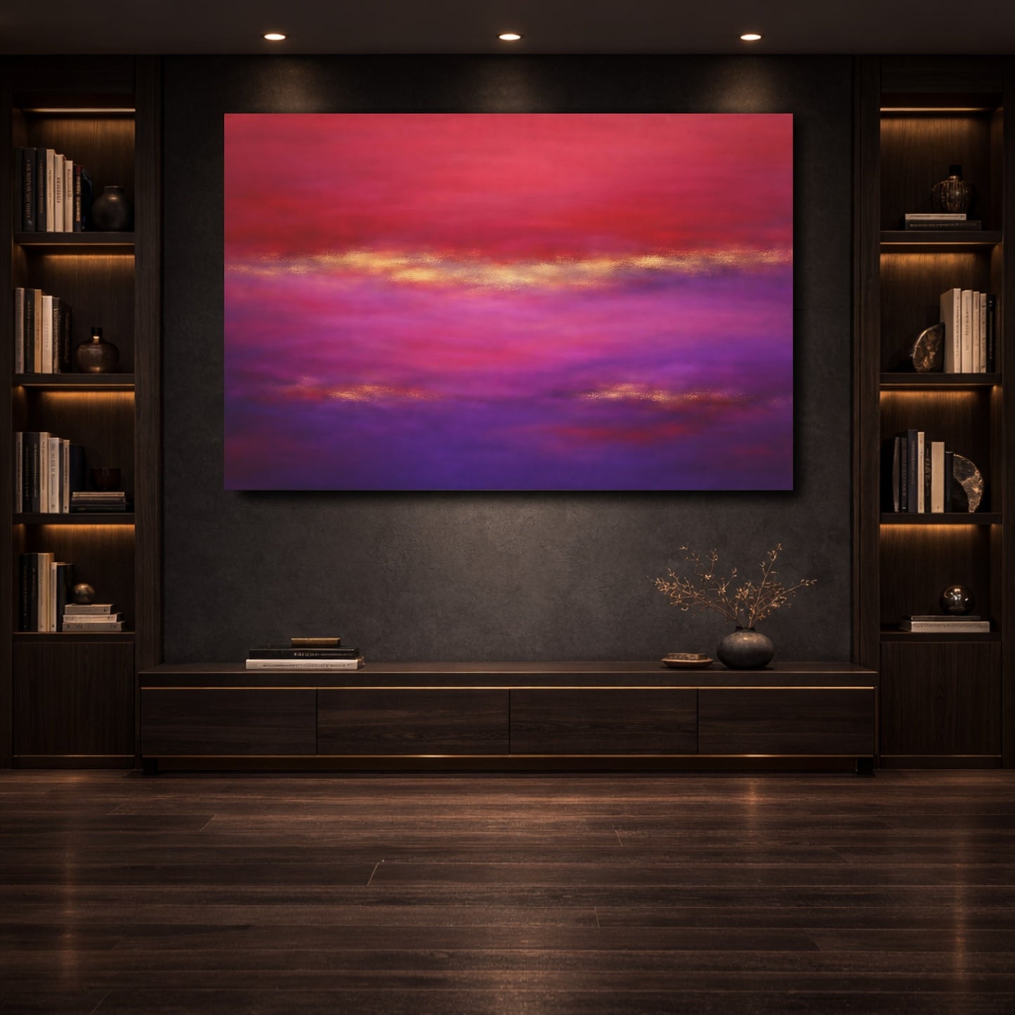 Mockup 3. Abstract Abstract Blend Red Purple Gold shown as stretched canvas wall art