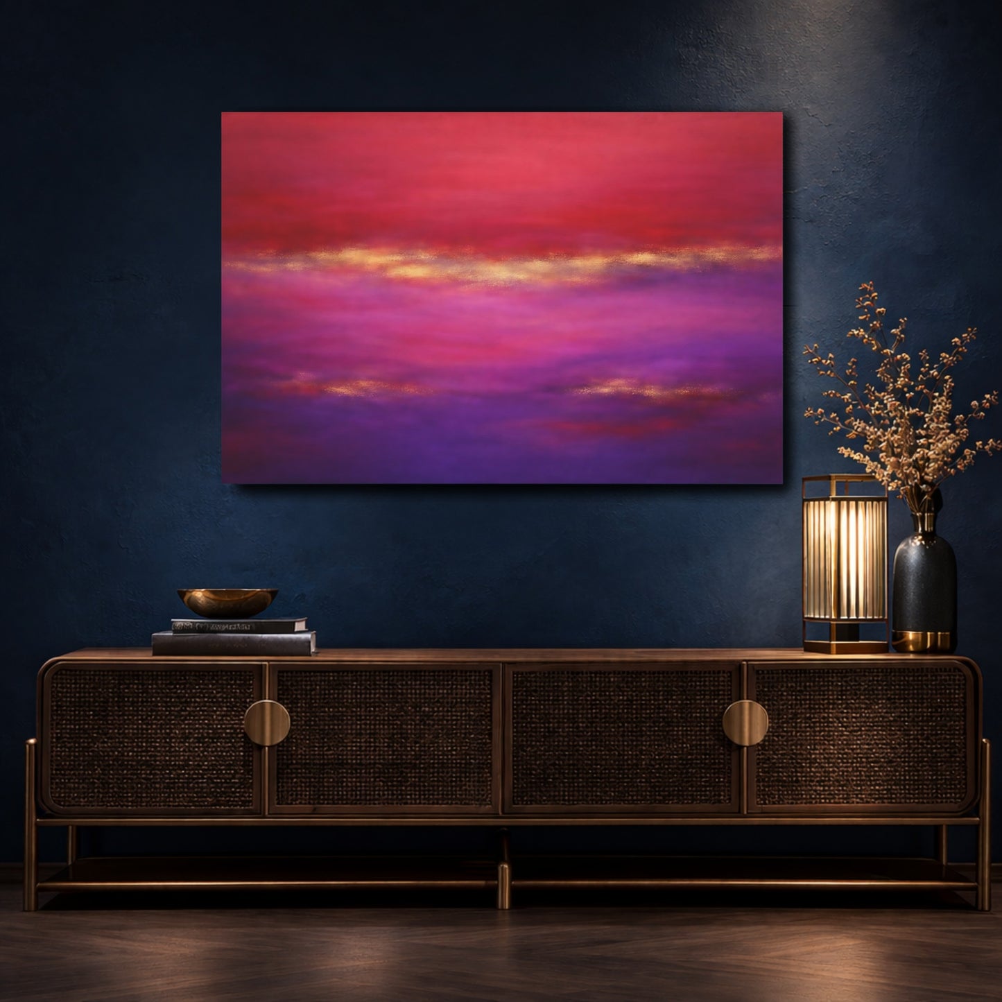 Mockup 4. Abstract Abstract Blend Red Purple Gold shown as stretched canvas wall art