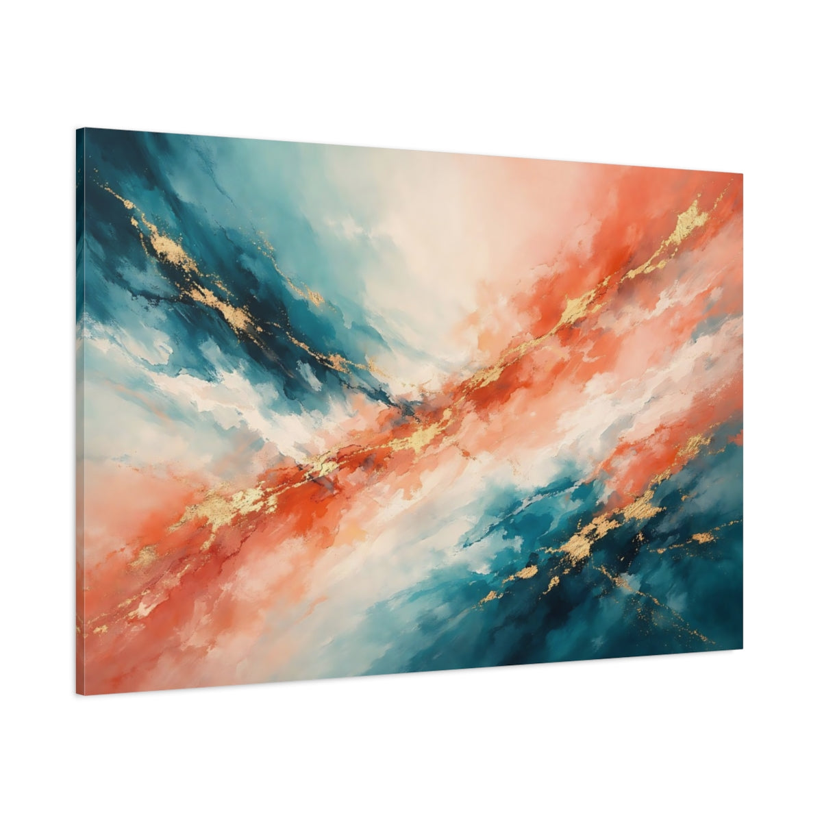 Main Mockup. Abstract Abstract Blend Teal Orange Gold shown as stretched canvas wall art