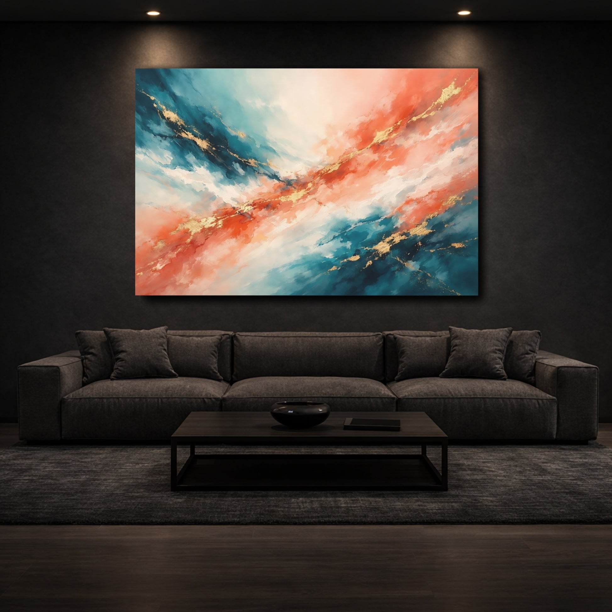 Mockup 2. Abstract Abstract Blend Teal Orange Gold shown as stretched canvas wall art
