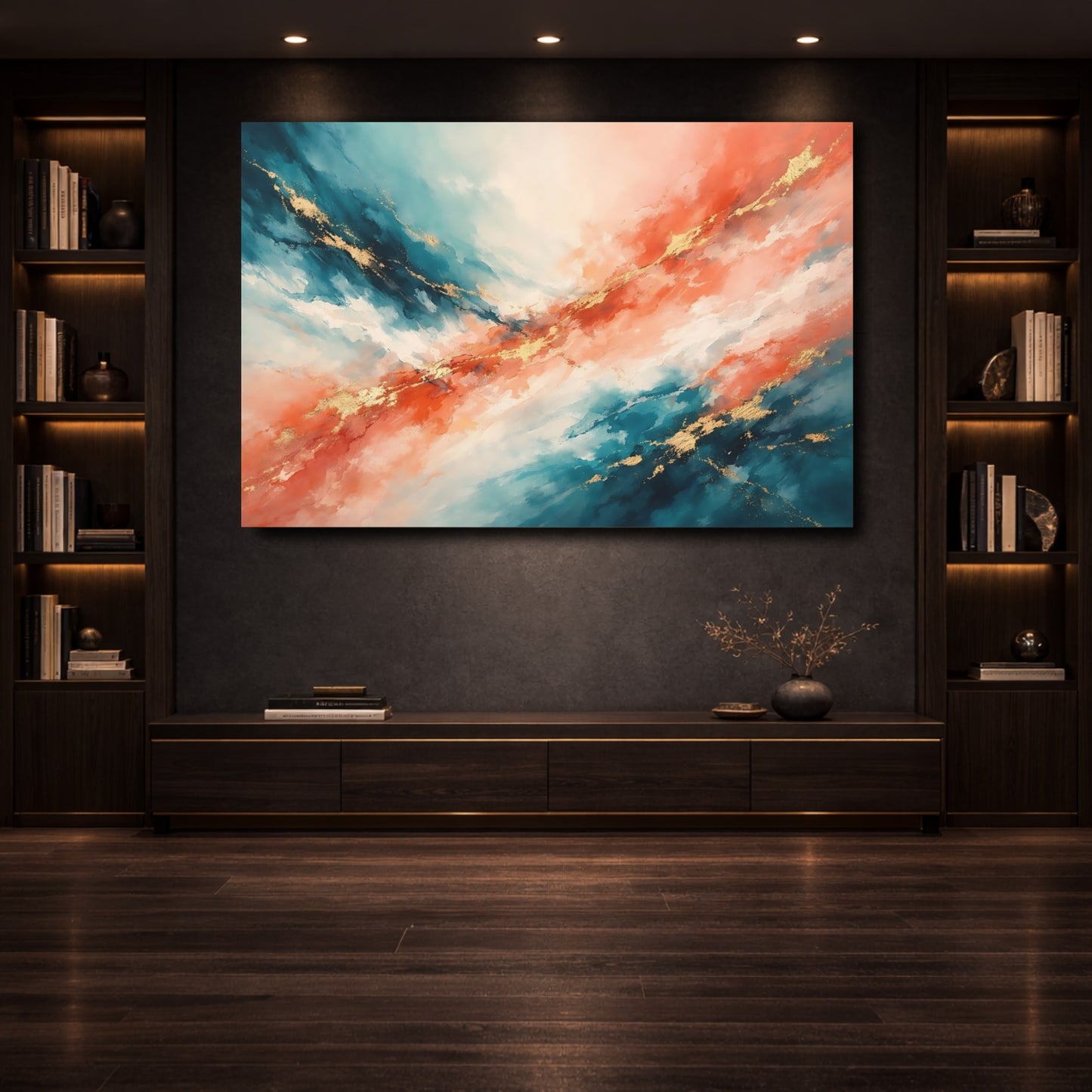 Mockup 3. Abstract Abstract Blend Teal Orange Gold shown as stretched canvas wall art