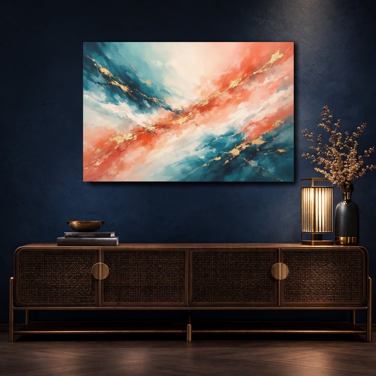 Mockup 4. Abstract Abstract Blend Teal Orange Gold shown as stretched canvas wall art