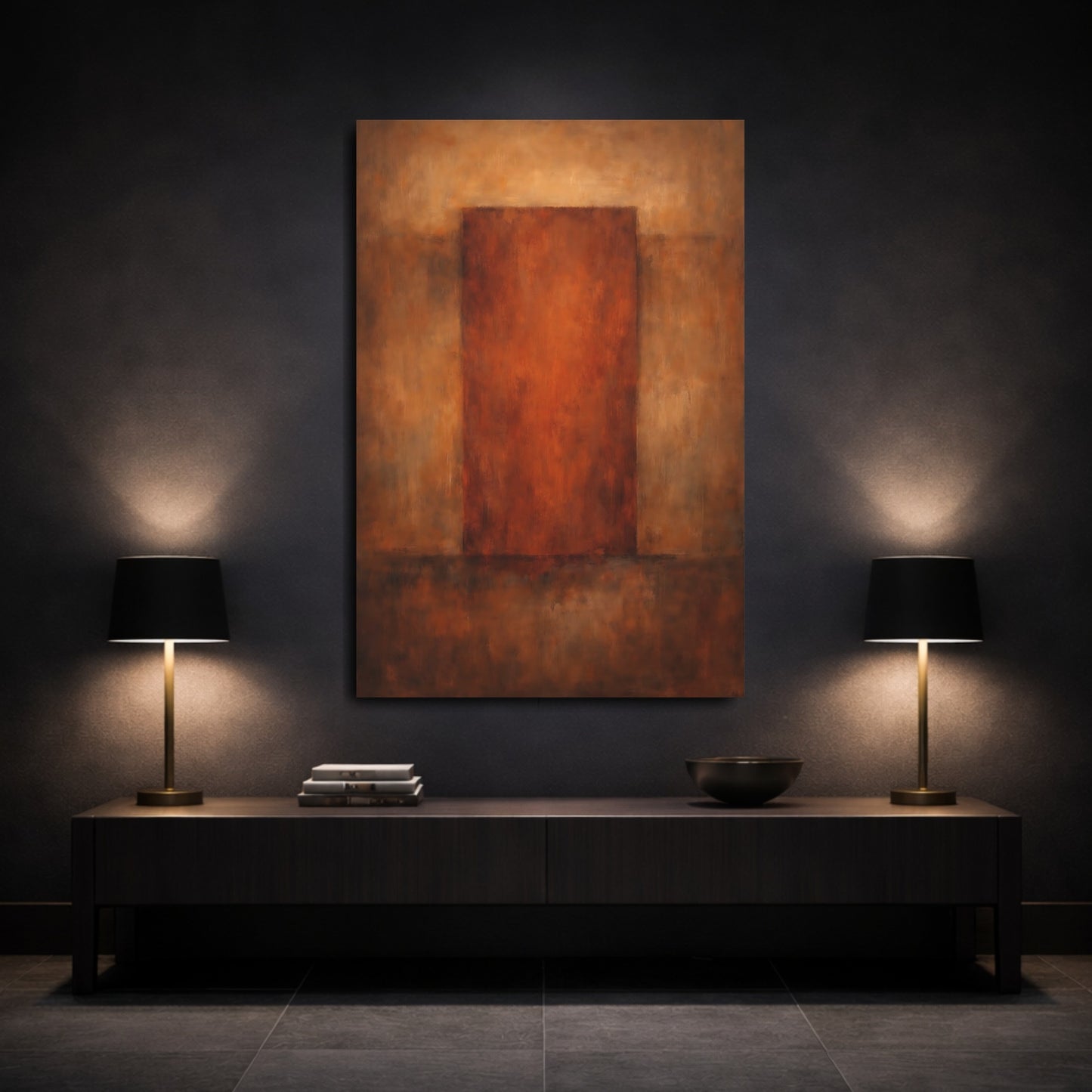 Mockup 2. Abstract Abstract Block Brown And Rust shown as stretched canvas wall art