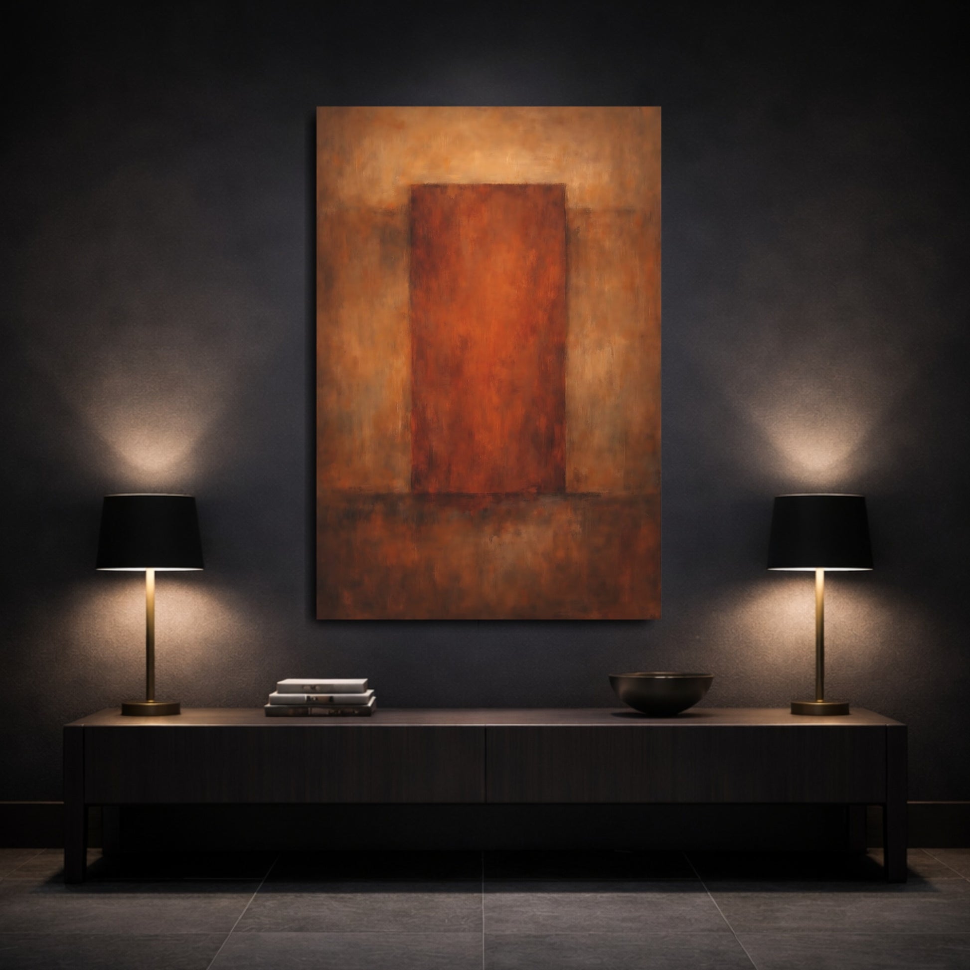 Mockup 2. Abstract Abstract Block Brown And Rust shown as stretched canvas wall art