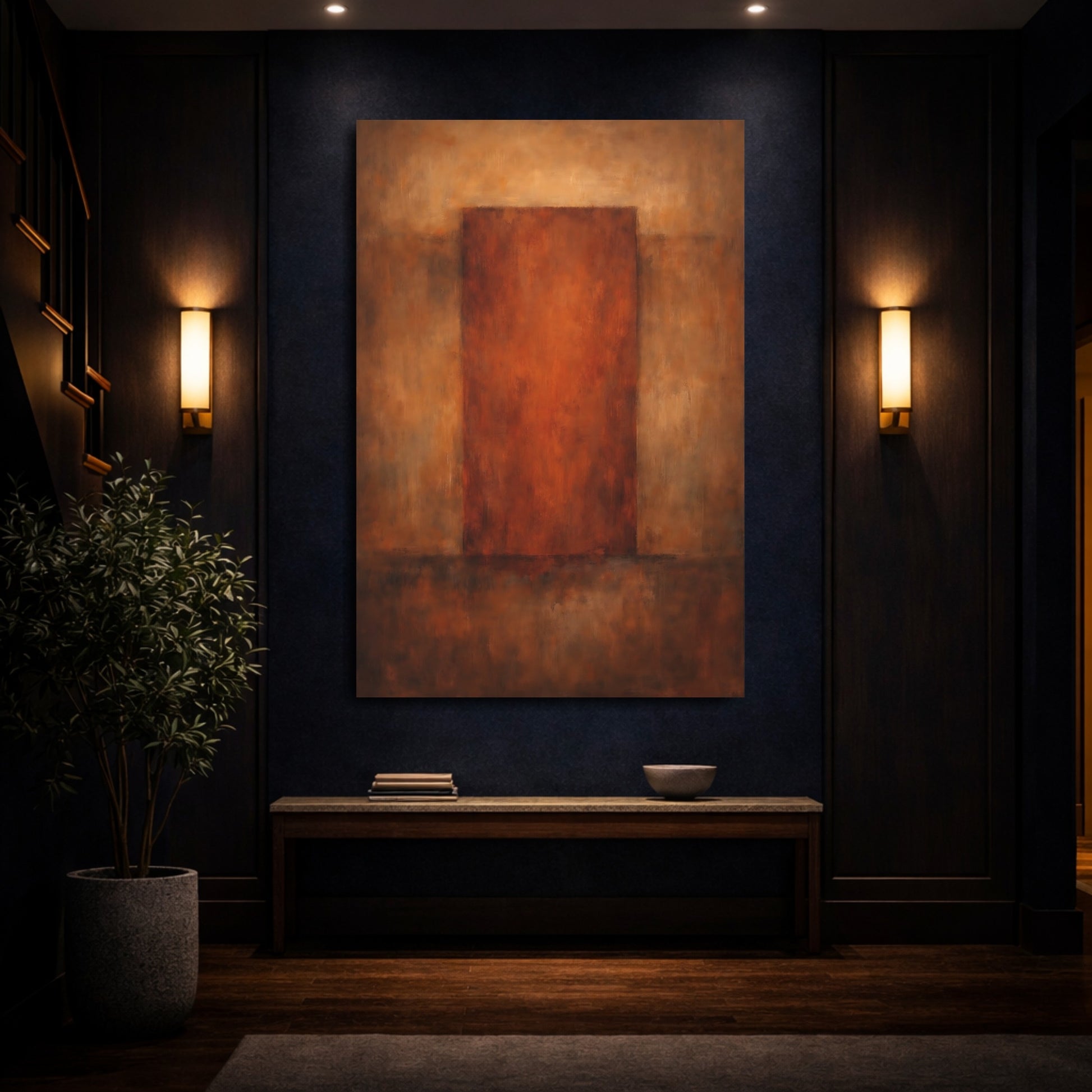 Mockup 3. Abstract Abstract Block Brown And Rust shown as stretched canvas wall art
