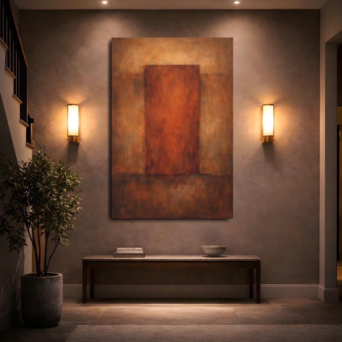 Mockup 4. Abstract Abstract Block Brown And Rust shown as stretched canvas wall art