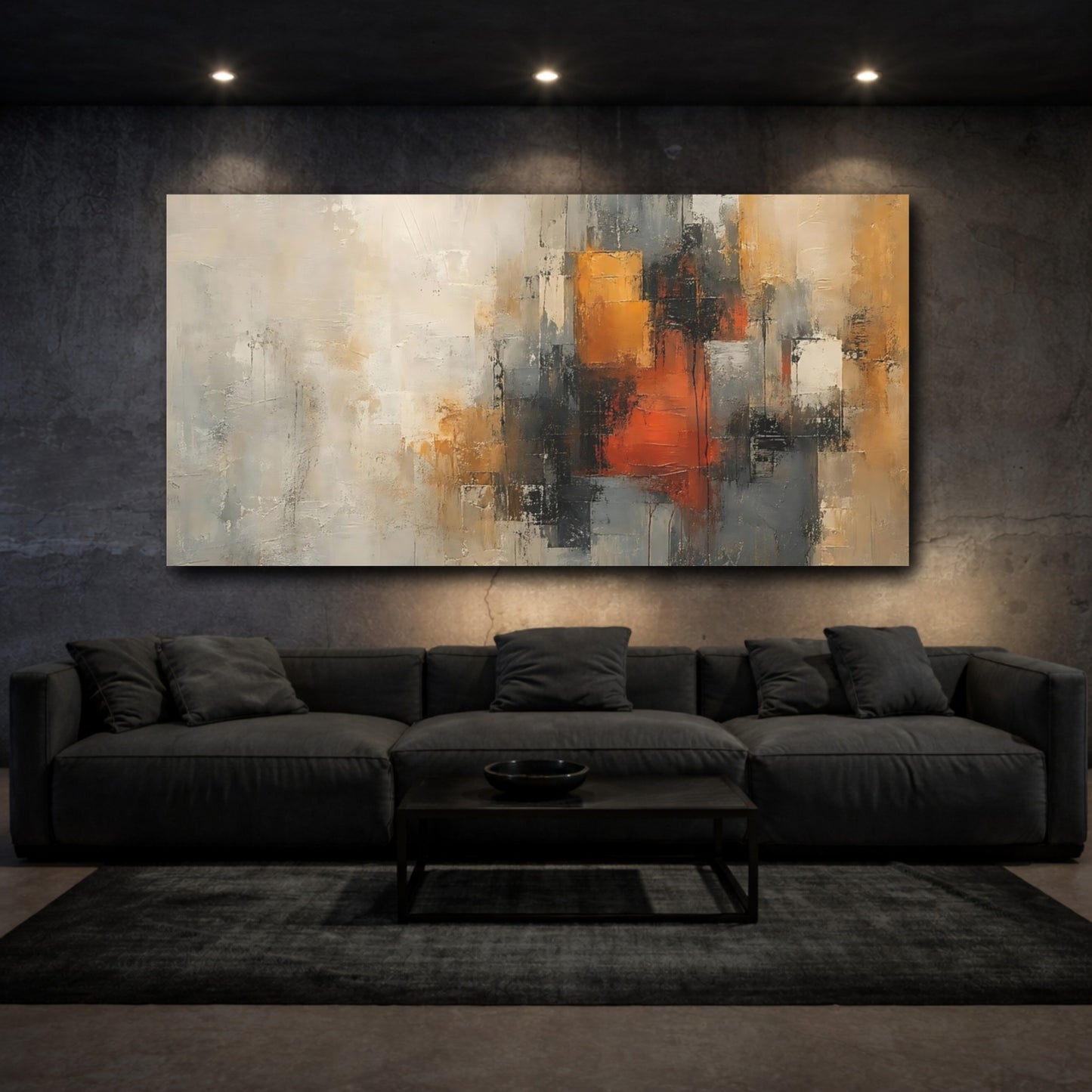 Mockup 2. Abstract Abstract Blocks Abstract Gray Orange shown as stretched canvas wall art