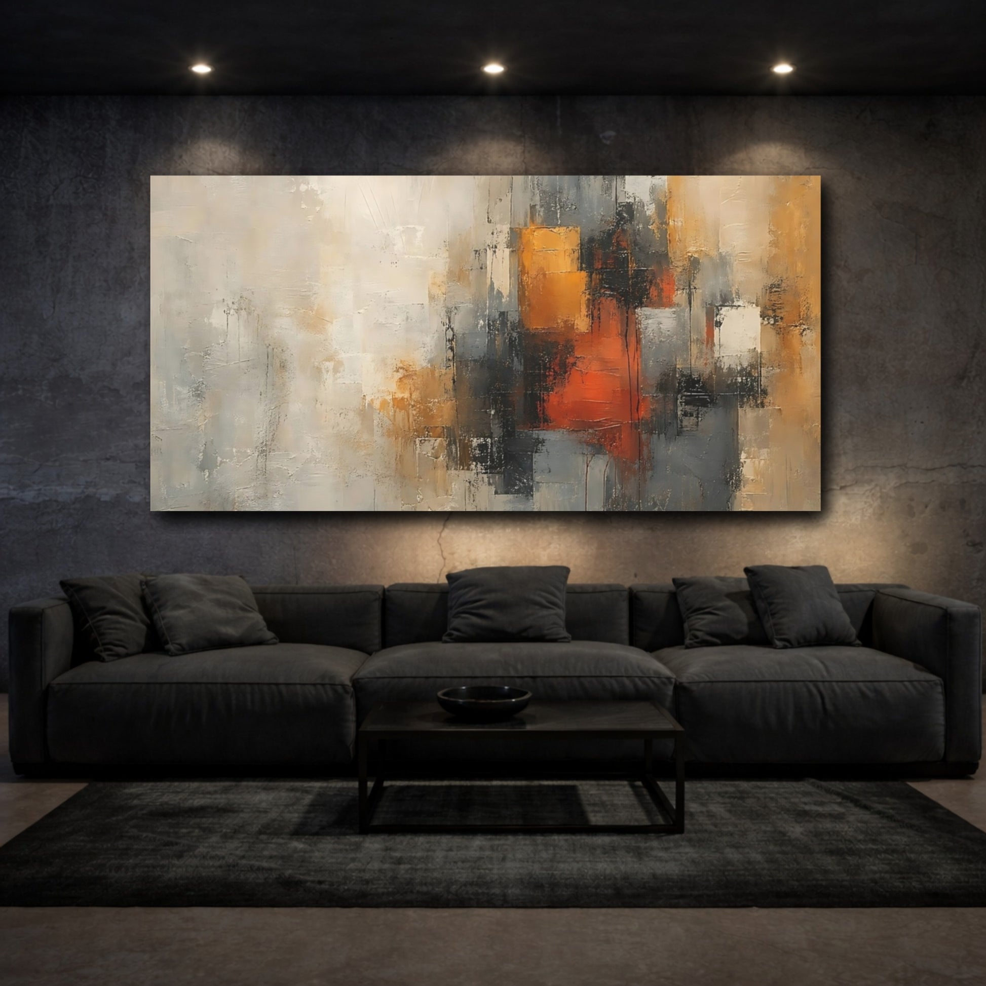 Mockup 2. Abstract Abstract Blocks Abstract Gray Orange shown as stretched canvas wall art