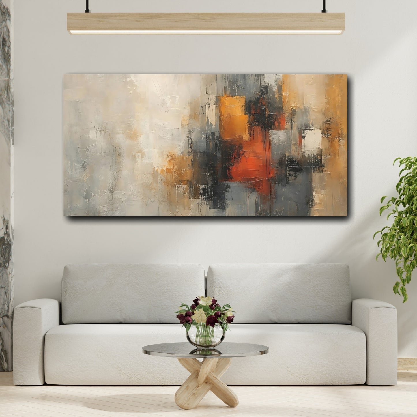 Mockup 3. Abstract Abstract Blocks Abstract Gray Orange shown as stretched canvas wall art