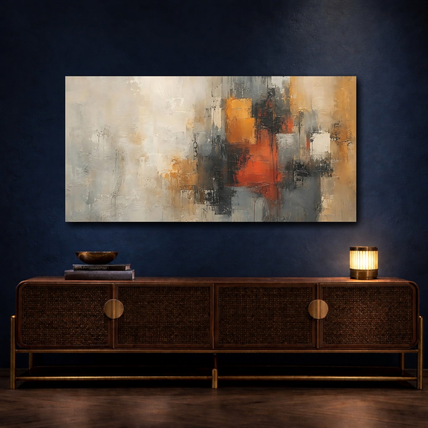 Mockup 4. Abstract Abstract Blocks Abstract Gray Orange shown as stretched canvas wall art