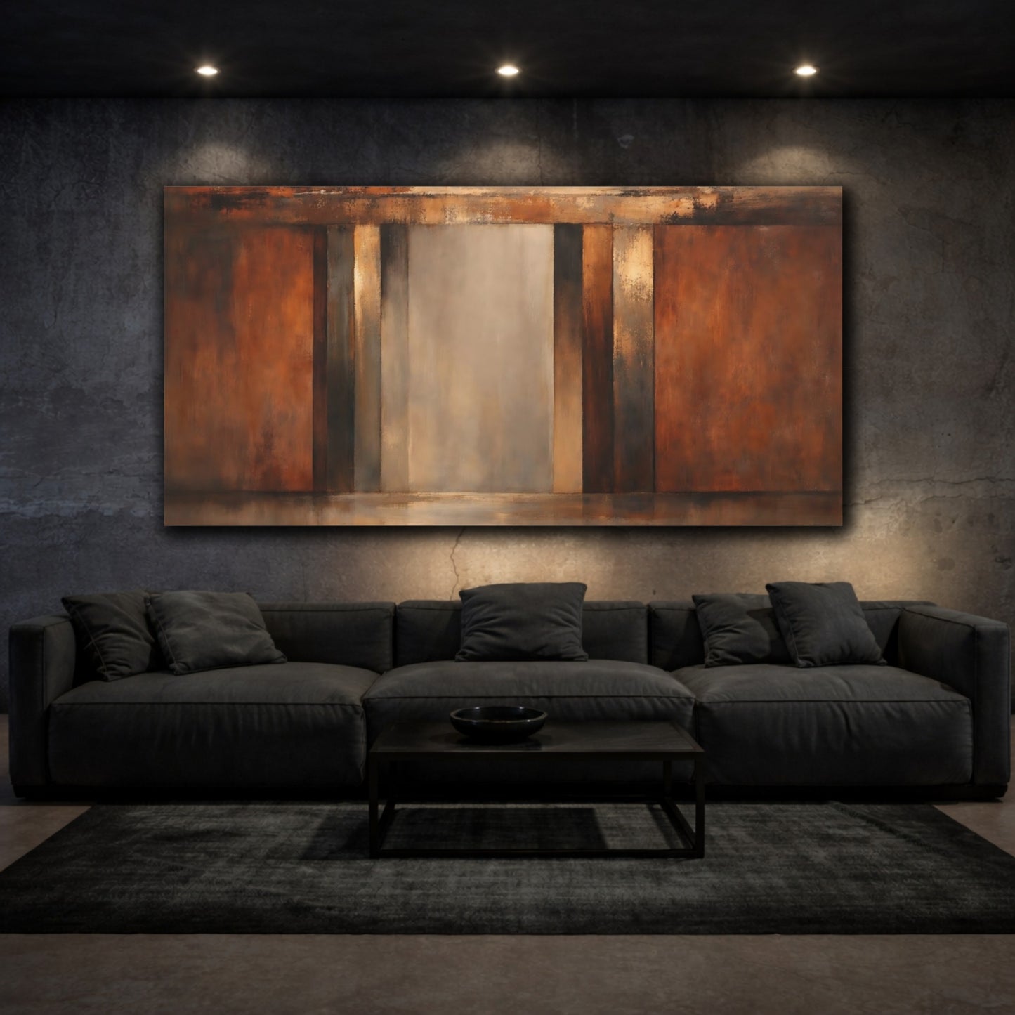 Mockup 2. Abstract Abstract Blocks Brown Grey Abstract shown as stretched canvas wall art