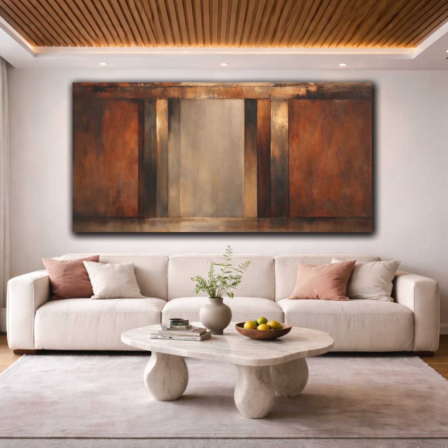 Mockup 3. Abstract Abstract Blocks Brown Grey Abstract shown as stretched canvas wall art
