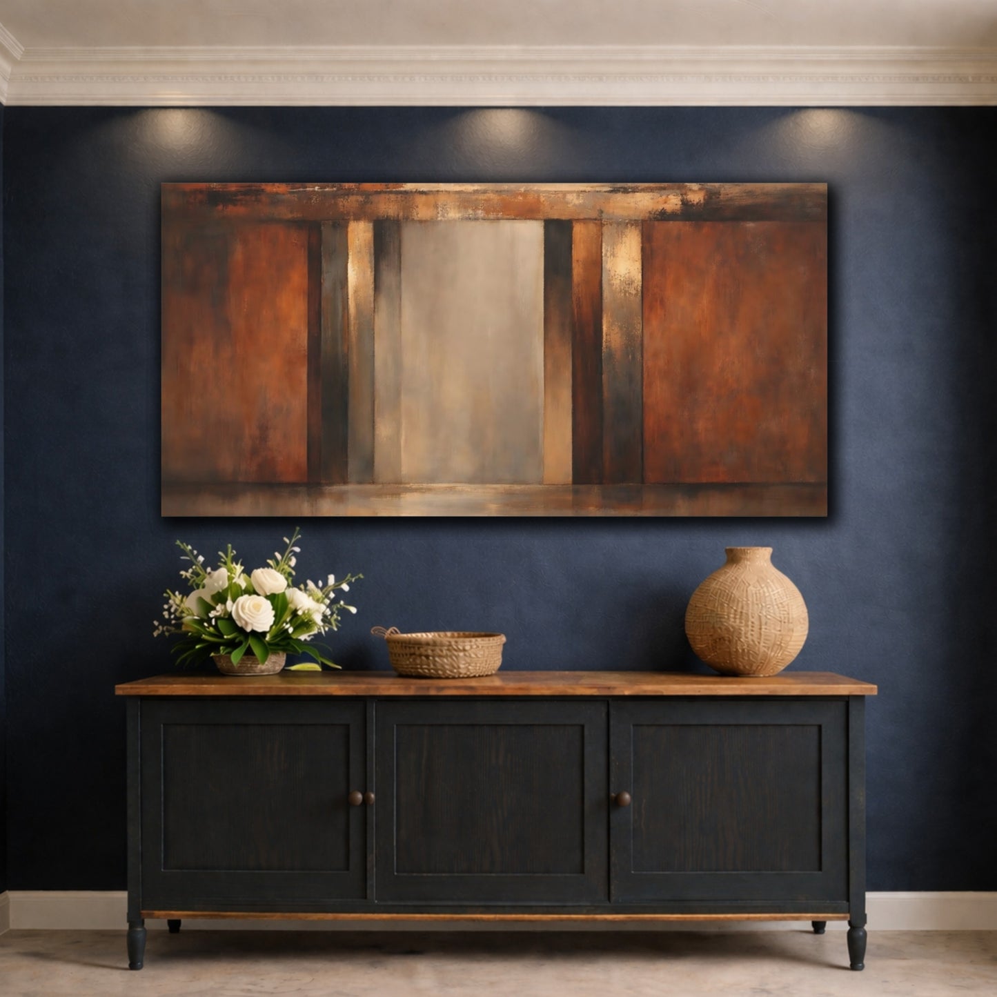 Mockup 4. Abstract Abstract Blocks Brown Grey Abstract shown as stretched canvas wall art
