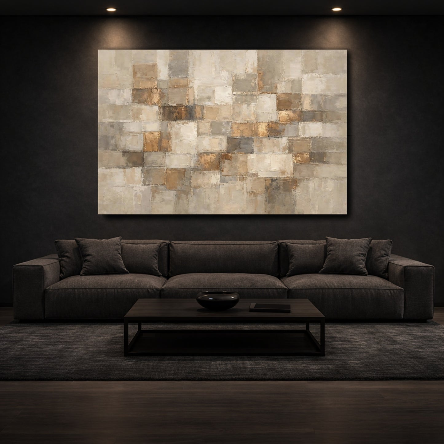 Mockup 2. Abstract Abstract Blocks Gold And Neutral shown as stretched canvas wall art
