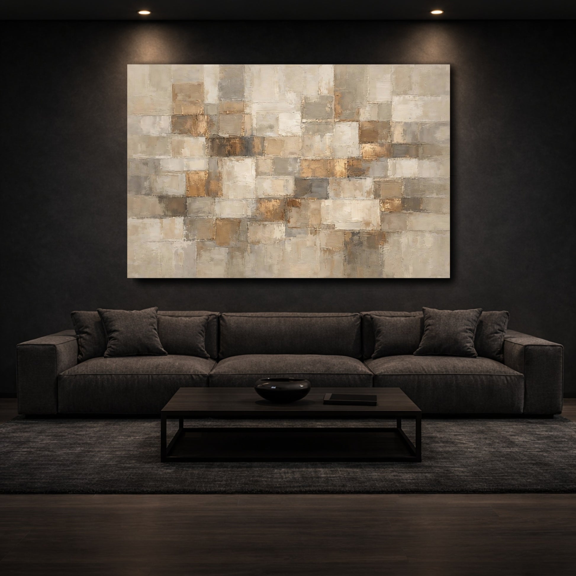 Mockup 2. Abstract Abstract Blocks Gold And Neutral shown as stretched canvas wall art