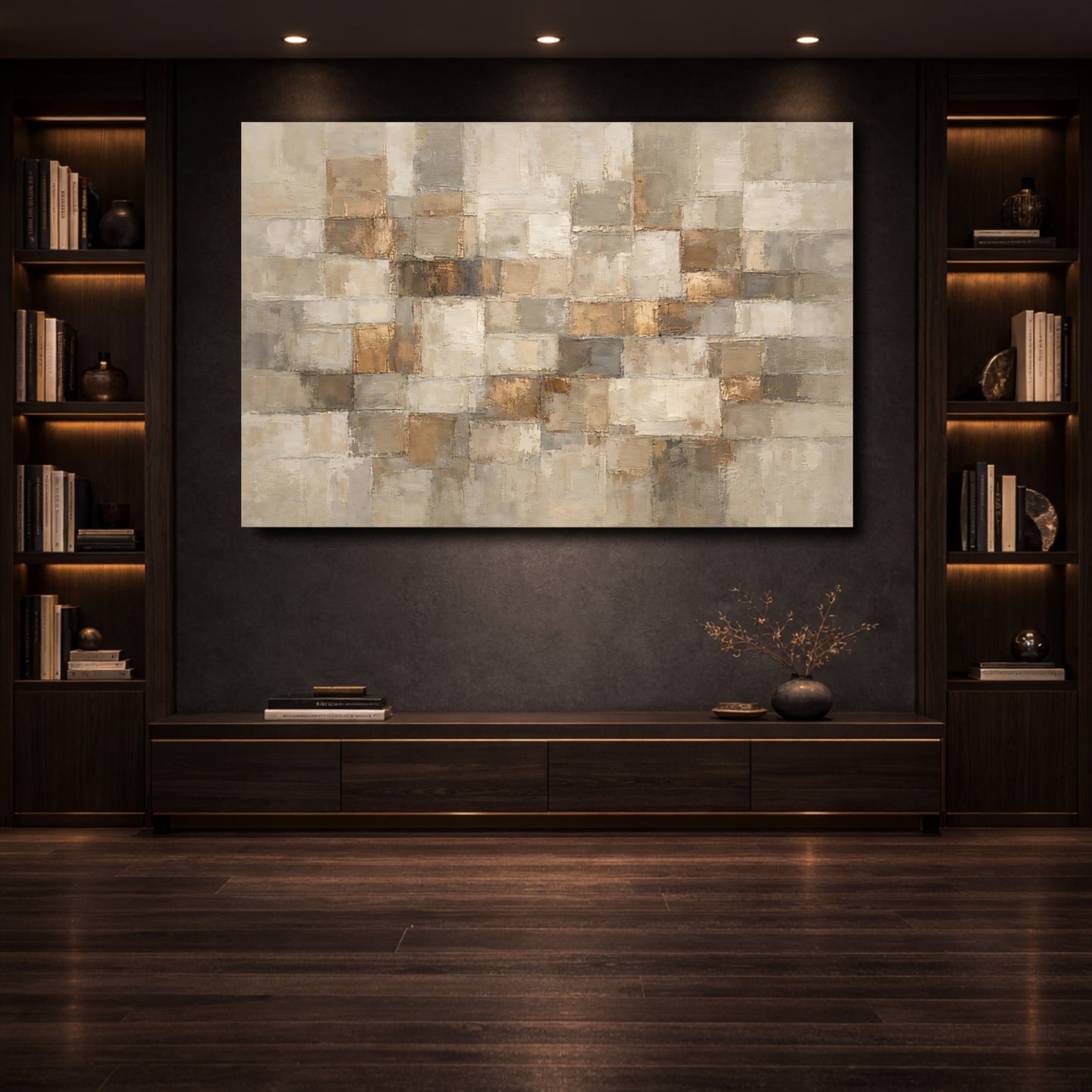Mockup 3. Abstract Abstract Blocks Gold And Neutral shown as stretched canvas wall art