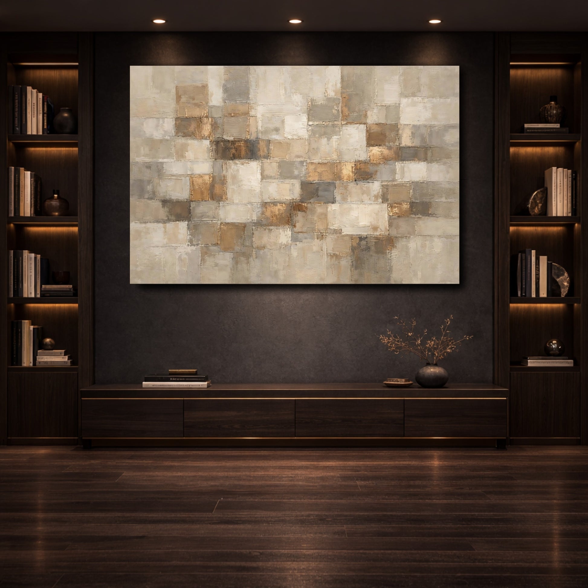 Mockup 3. Abstract Abstract Blocks Gold And Neutral shown as stretched canvas wall art
